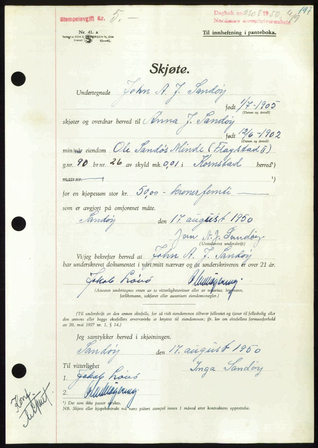 Nordmøre sorenskriveri, AV/SAT-A-4132/1/2/2Ca: Mortgage book no. A116, 1950-1950, Diary no: : 2808/1950