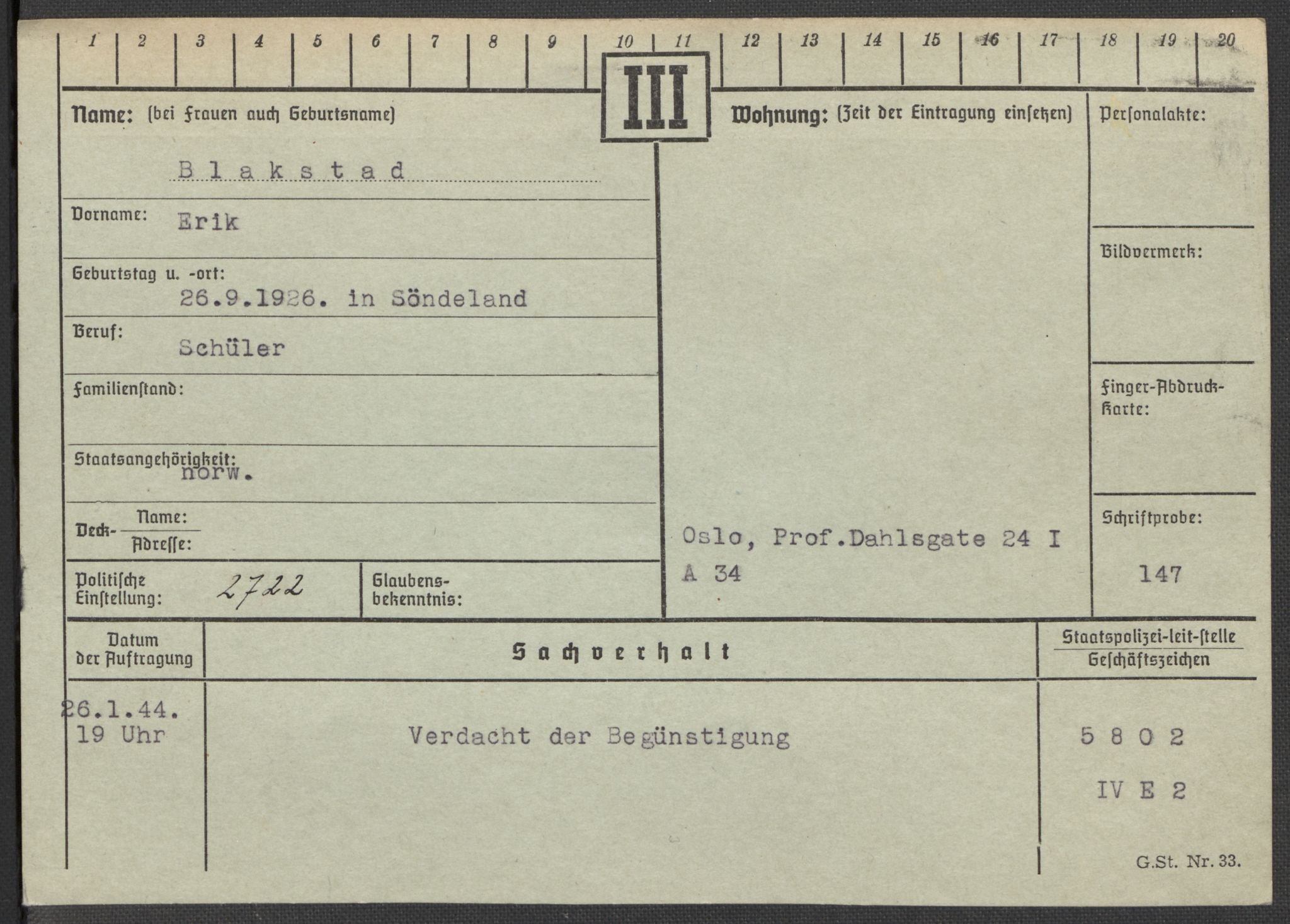 Befehlshaber der Sicherheitspolizei und des SD, RA/RAFA-5969/E/Ea/Eaa/L0002: Register over norske fanger i Møllergata 19: Bj-Eng, 1940-1945, p. 2