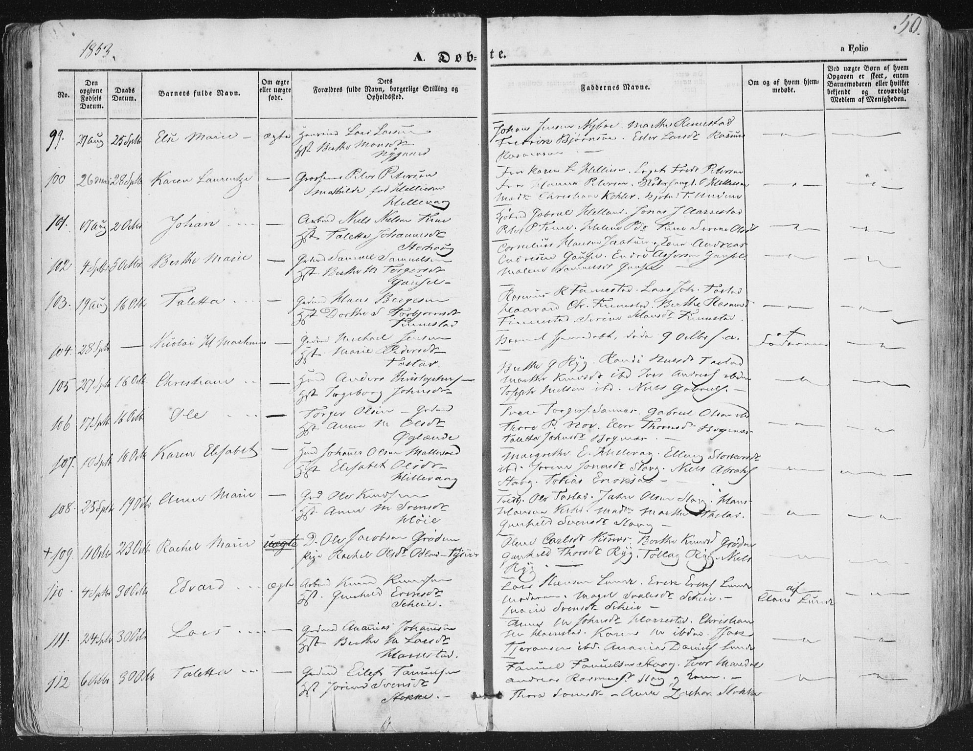 Hetland sokneprestkontor, AV/SAST-A-101826/30/30BA/L0002: Parish register (official) no. A 2, 1849-1869, p. 50