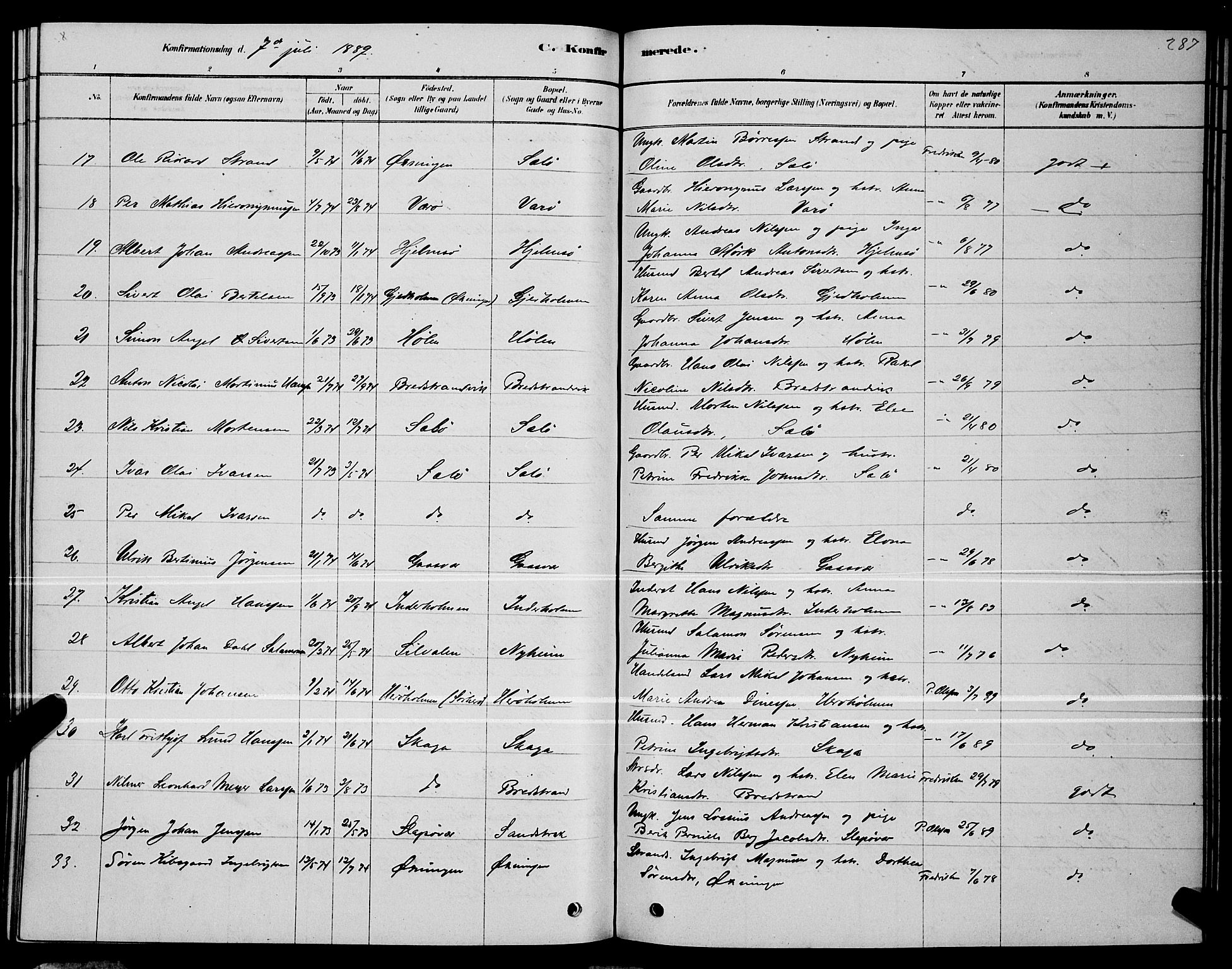 Ministerialprotokoller, klokkerbøker og fødselsregistre - Nordland, AV/SAT-A-1459/834/L0513: Parish register (copy) no. 834C04, 1877-1892, p. 287