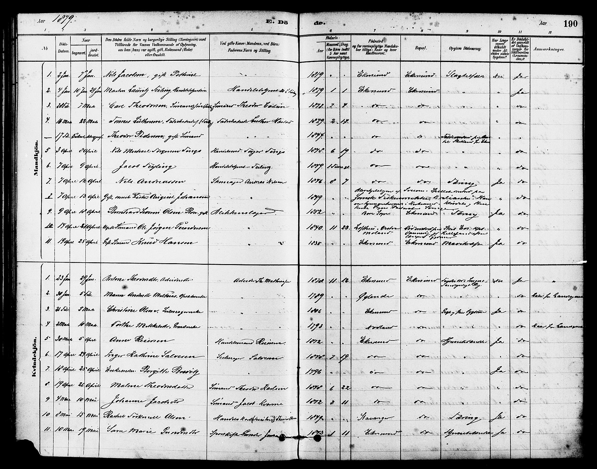 Eigersund sokneprestkontor, AV/SAST-A-101807/S08/L0015: Parish register (official) no. A 15, 1879-1892, p. 190