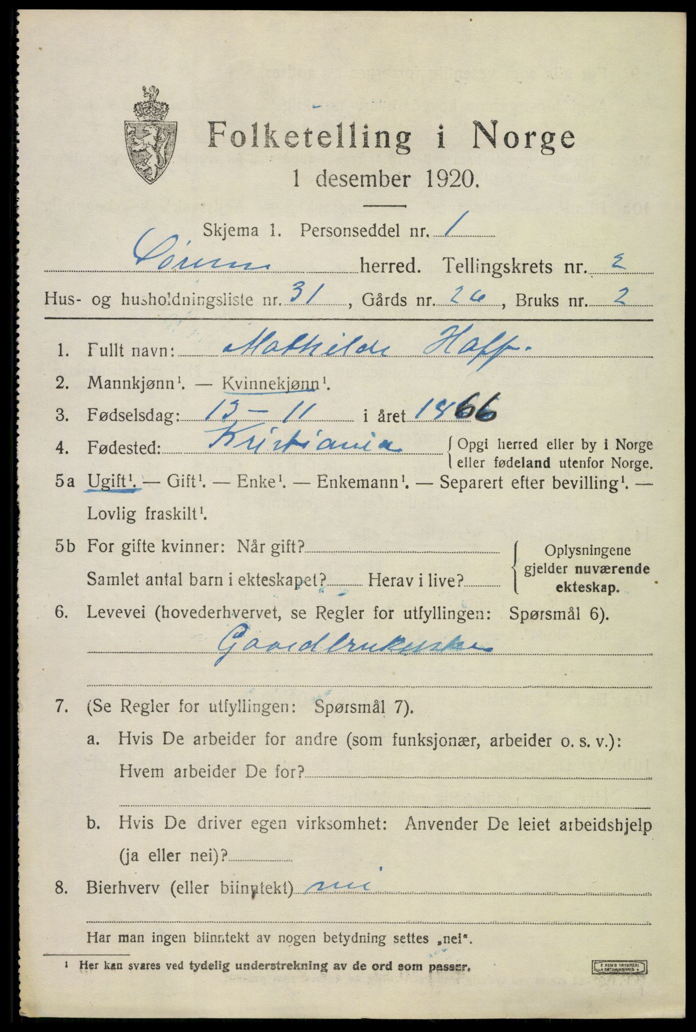 SAO, 1920 census for Sørum, 1920, p. 2105