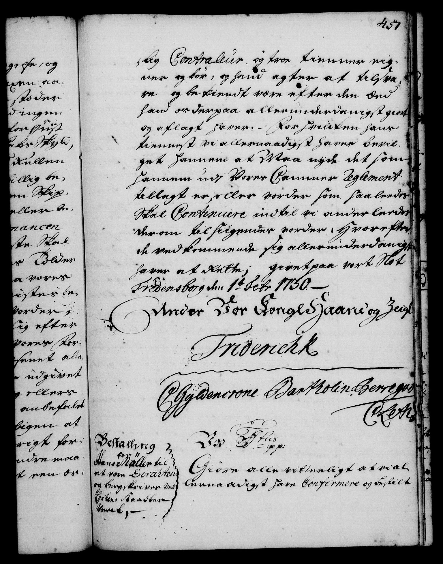Rentekammeret, Kammerkanselliet, RA/EA-3111/G/Gg/Gge/L0001: Norsk bestallingsprotokoll med register (merket RK 53.25), 1720-1730, p. 457