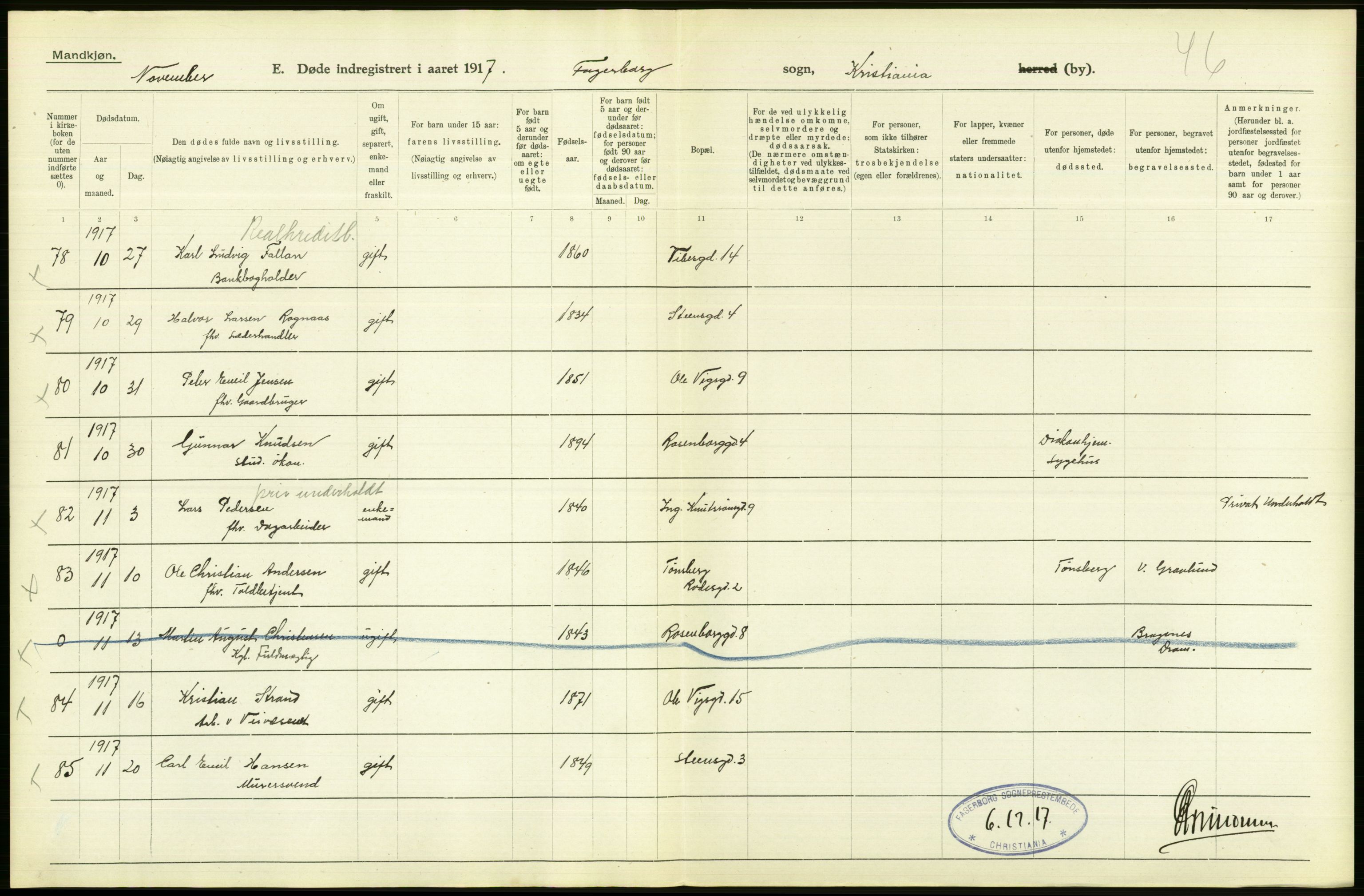 Statistisk sentralbyrå, Sosiodemografiske emner, Befolkning, AV/RA-S-2228/D/Df/Dfb/Dfbg/L0010: Kristiania: Døde, 1917, p. 430