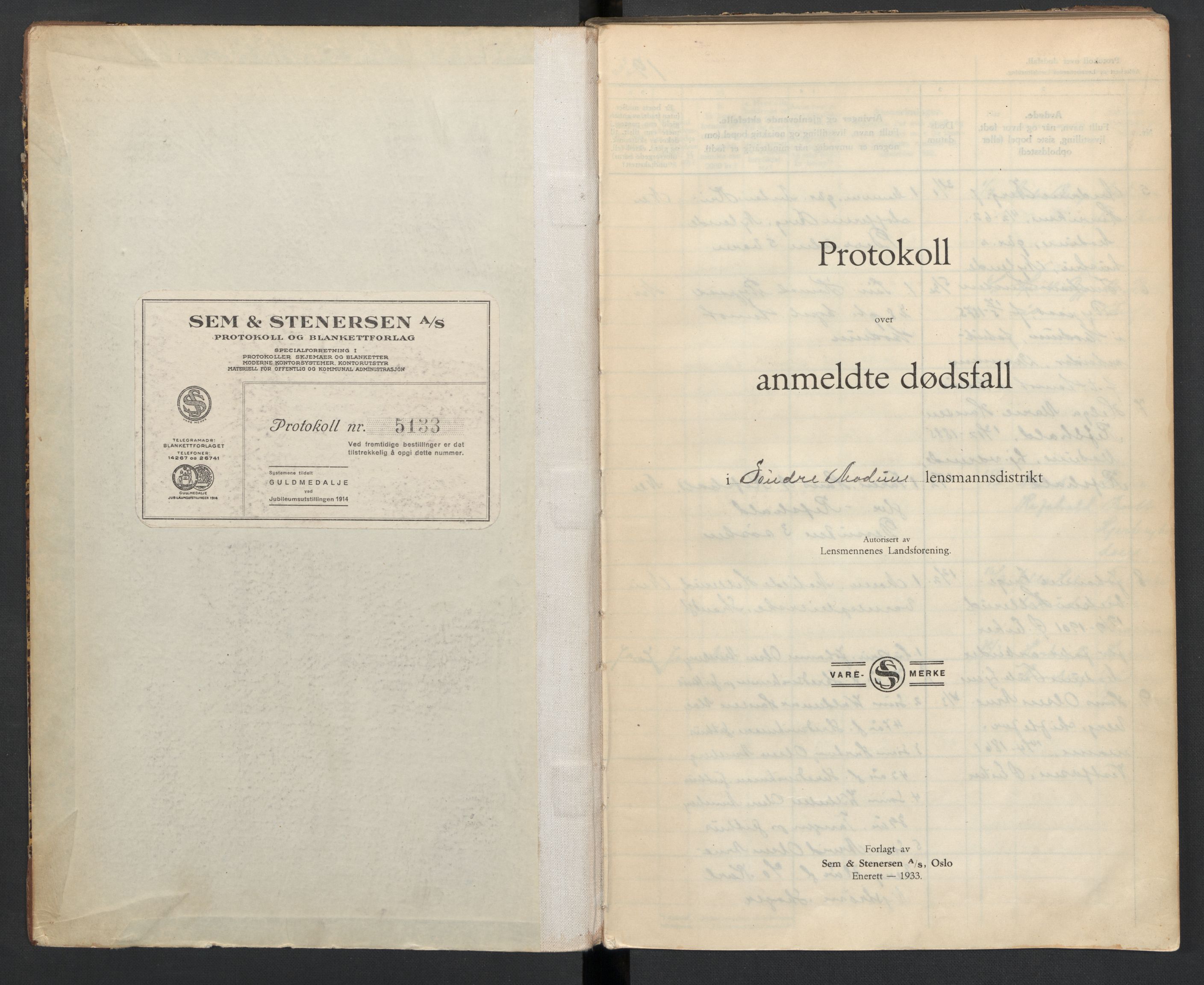 Modum lensmannskontor, AV/SAKO-A-524/H/Ha/Haa/L0004: Dødsfallsprotokoll - Søndre Modum, 1933-1939