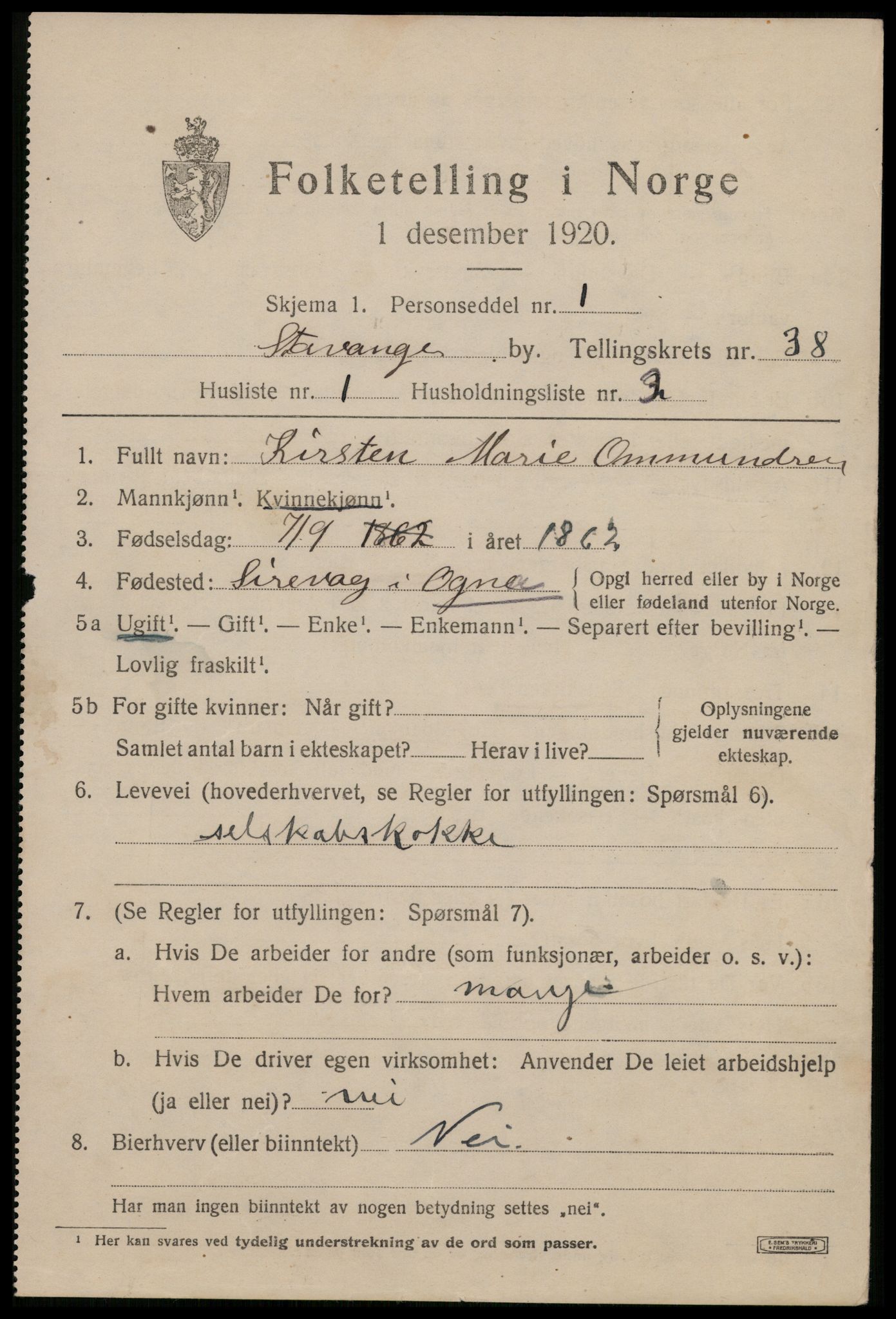 SAST, 1920 census for Stavanger, 1920, p. 99244