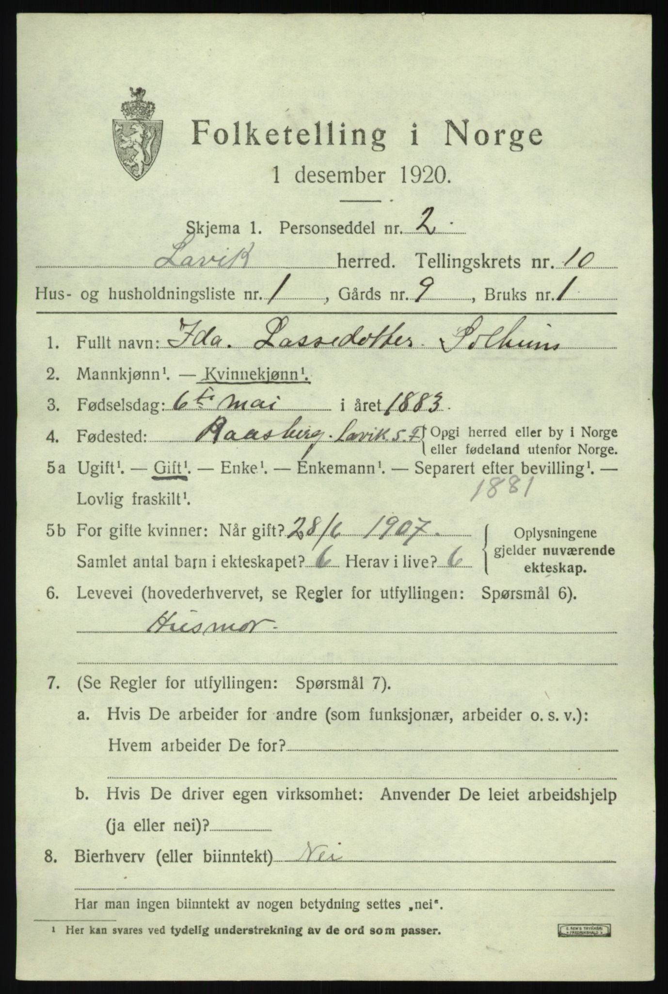 SAB, 1920 census for Lavik, 1920, p. 2266