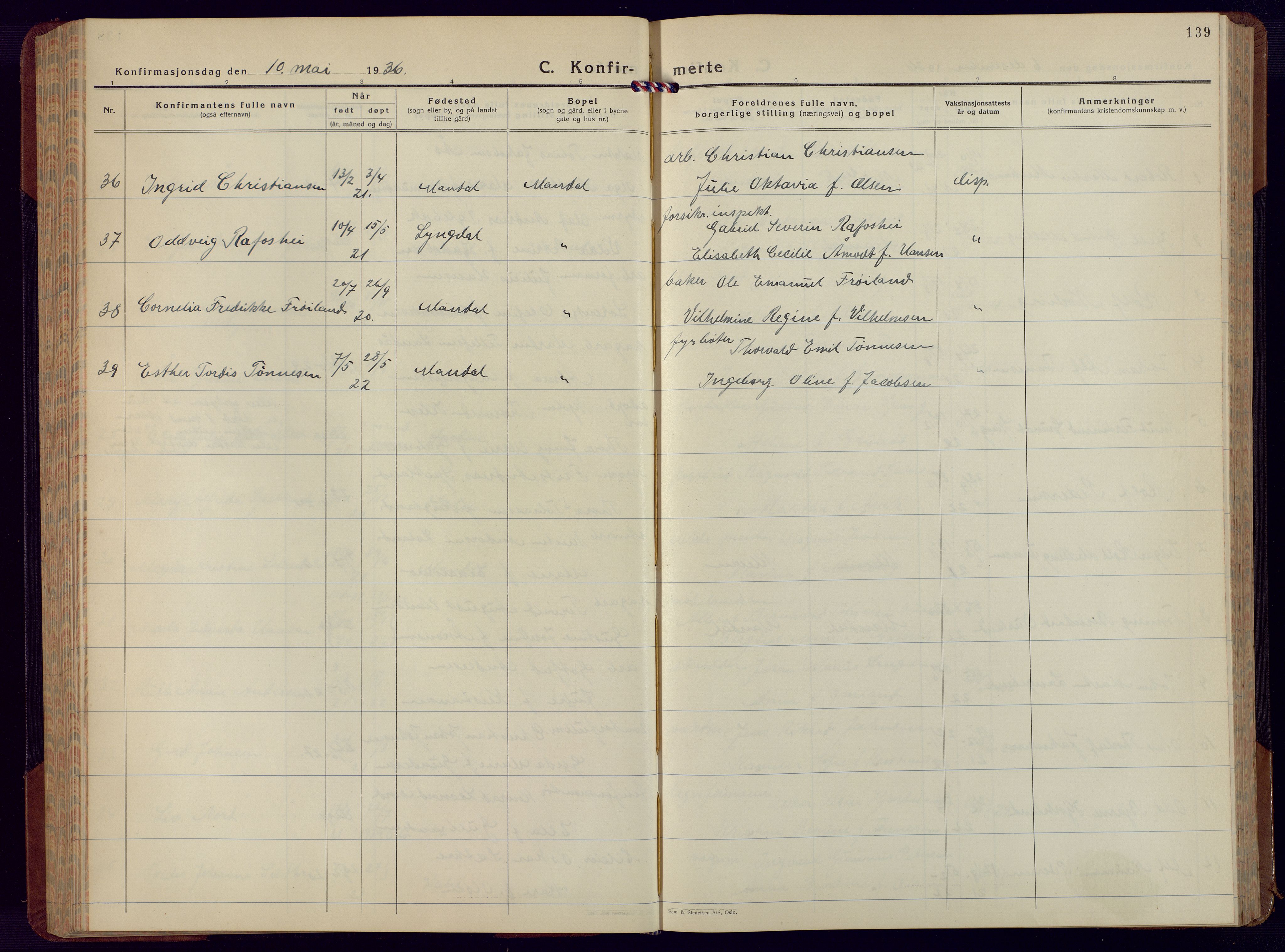 Mandal sokneprestkontor, AV/SAK-1111-0030/F/Fb/Fbc/L0002: Parish register (copy) no. B 2, 1931-1949, p. 139