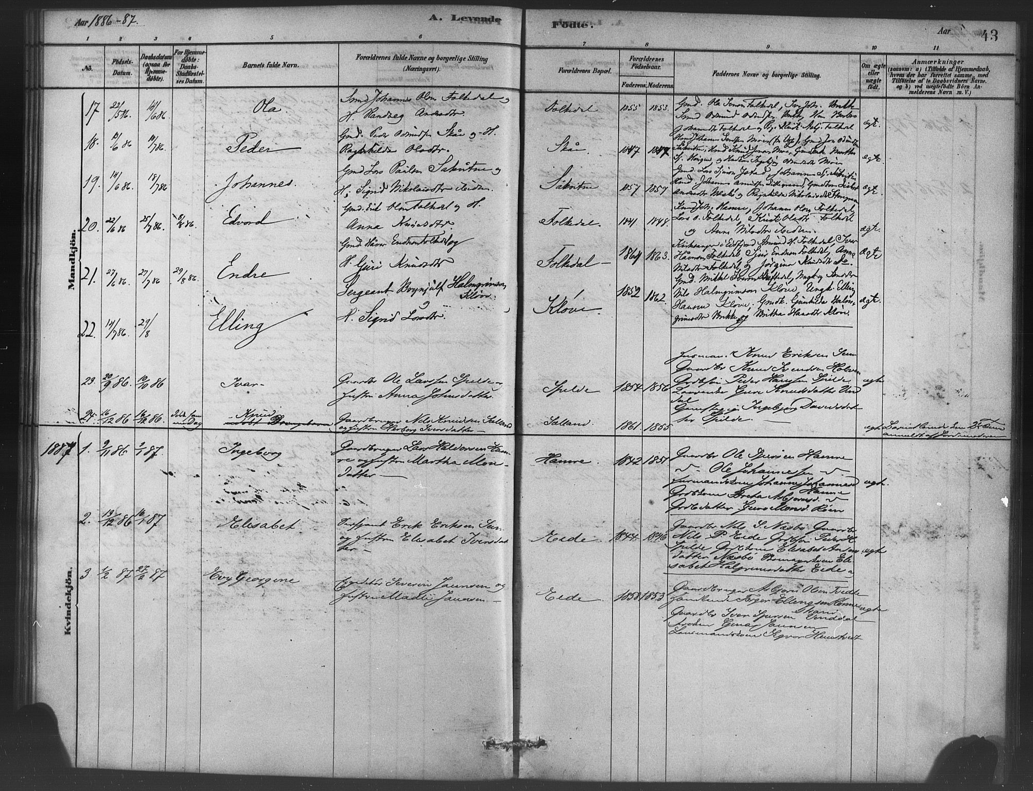 Ulvik sokneprestembete, SAB/A-78801/H/Haa: Parish register (official) no. C 1, 1878-1903, p. 43