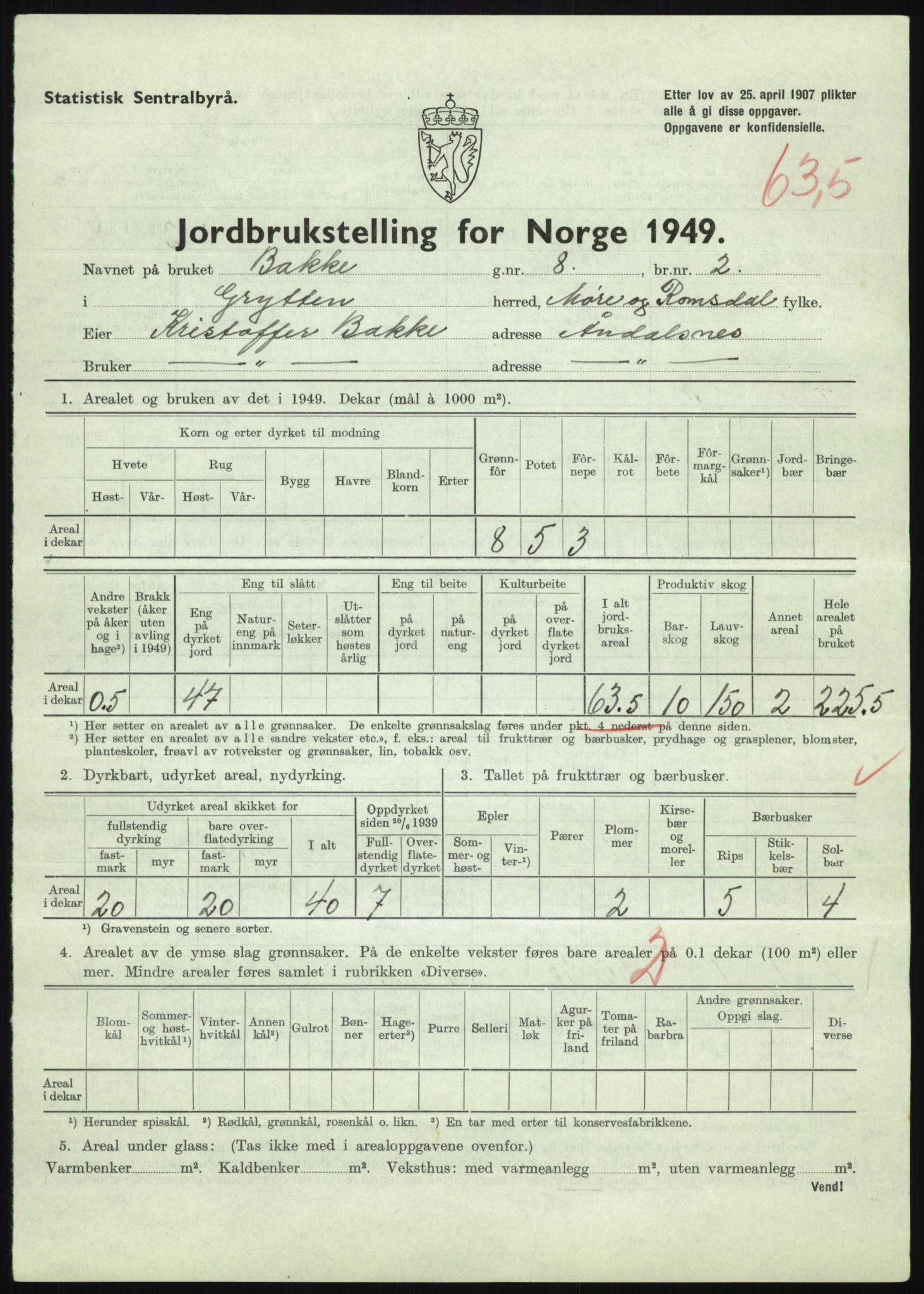 Statistisk sentralbyrå, Næringsøkonomiske emner, Jordbruk, skogbruk, jakt, fiske og fangst, AV/RA-S-2234/G/Gc/L0323: Møre og Romsdal: Grytten og Hen, 1949, p. 307