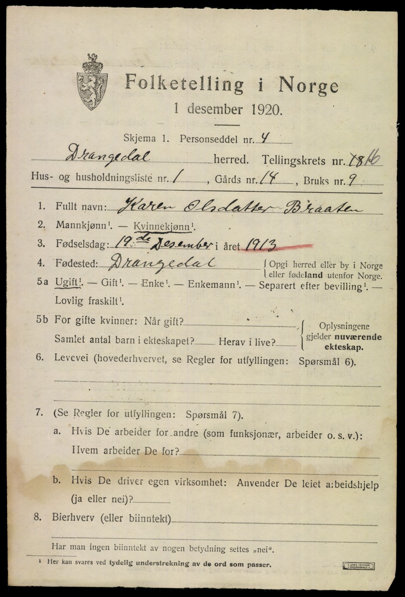 SAKO, 1920 census for Drangedal, 1920, p. 7803