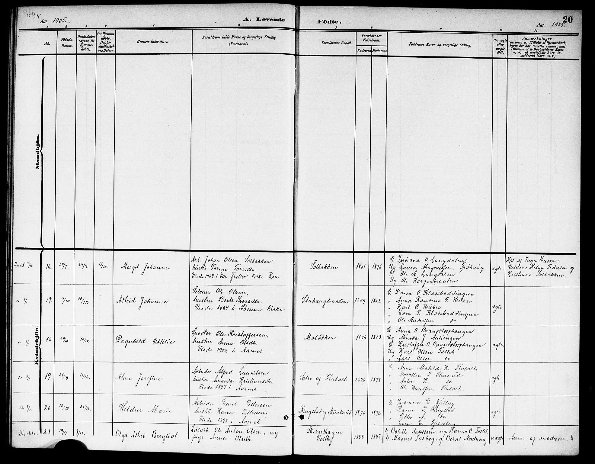 Nes prestekontor Kirkebøker, AV/SAO-A-10410/G/Gb/L0001: Parish register (copy) no. II 1, 1901-1917, p. 20