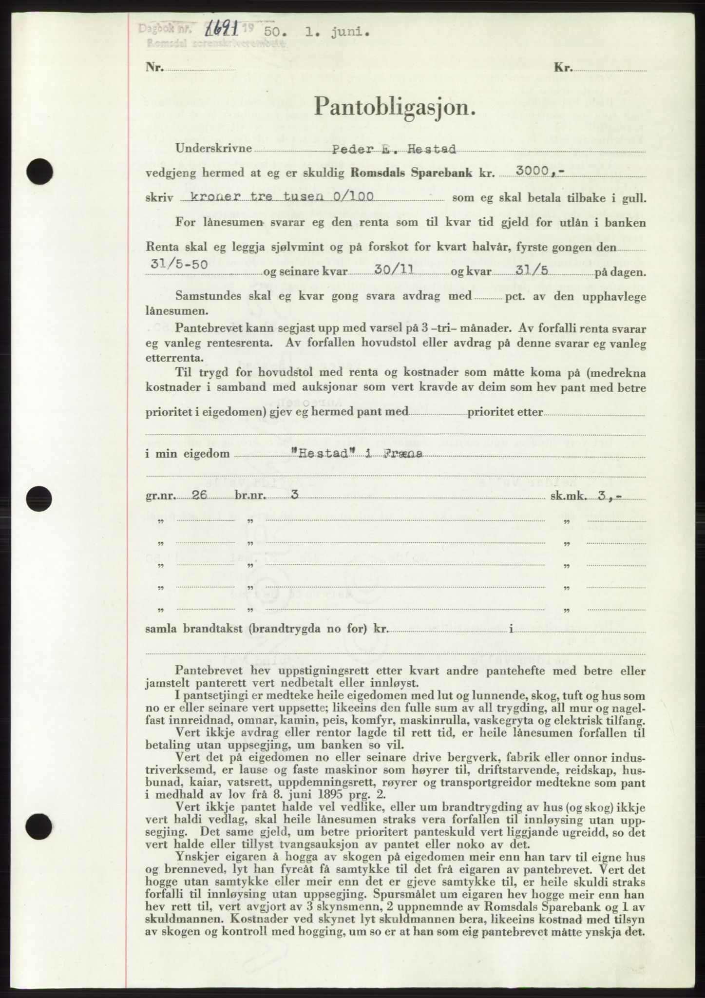 Romsdal sorenskriveri, AV/SAT-A-4149/1/2/2C: Mortgage book no. B5, 1949-1950, Diary no: : 1691/1950