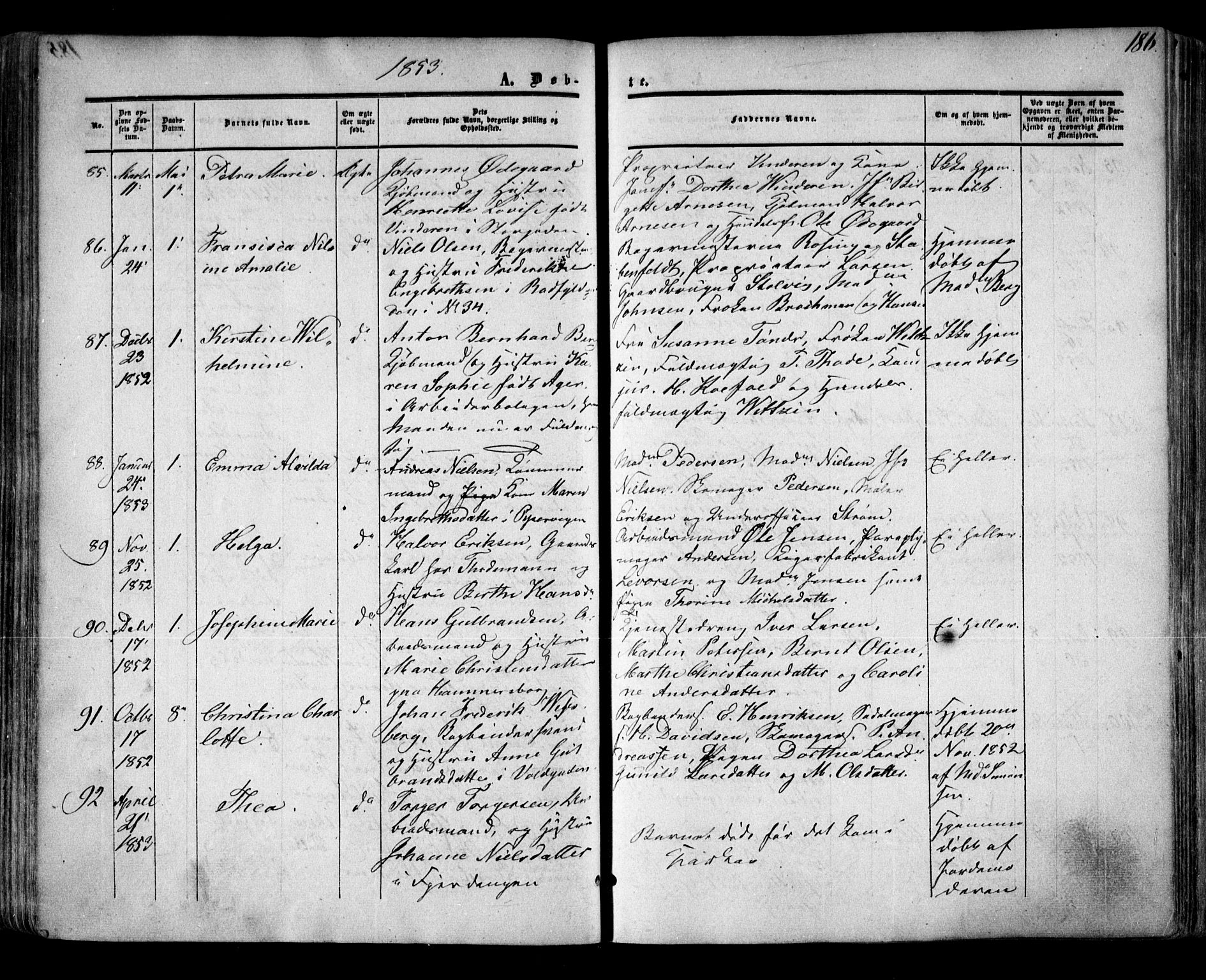 Oslo domkirke Kirkebøker, SAO/A-10752/F/Fa/L0014: Parish register (official) no. 14, 1850-1857, p. 186