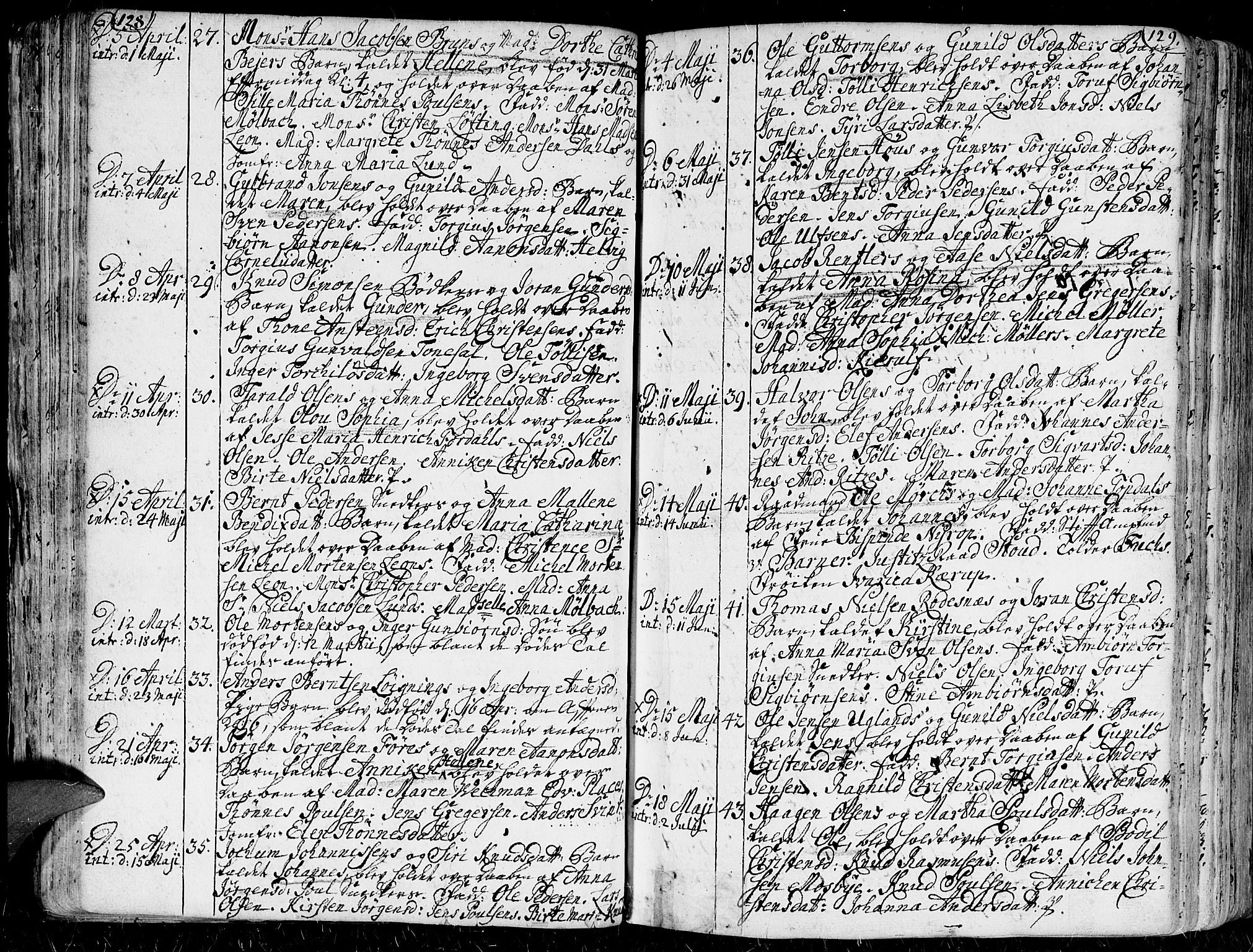 Kristiansand domprosti, AV/SAK-1112-0006/F/Fa/L0001: Parish register (official) no. A 1, 1734-1793, p. 128-129