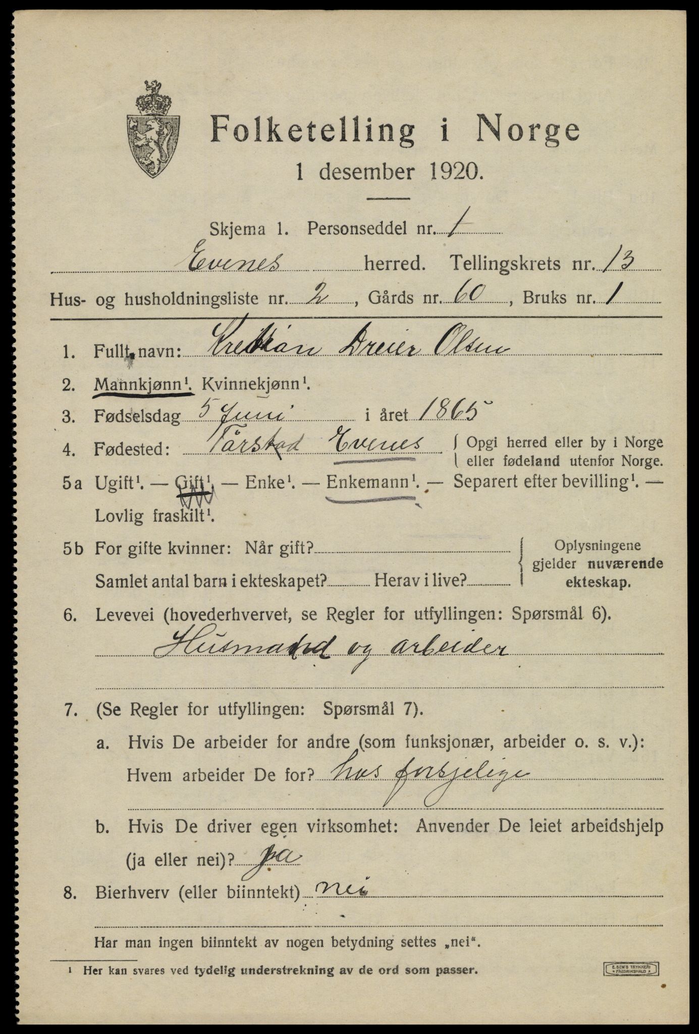 SAT, 1920 census for Evenes, 1920, p. 11902