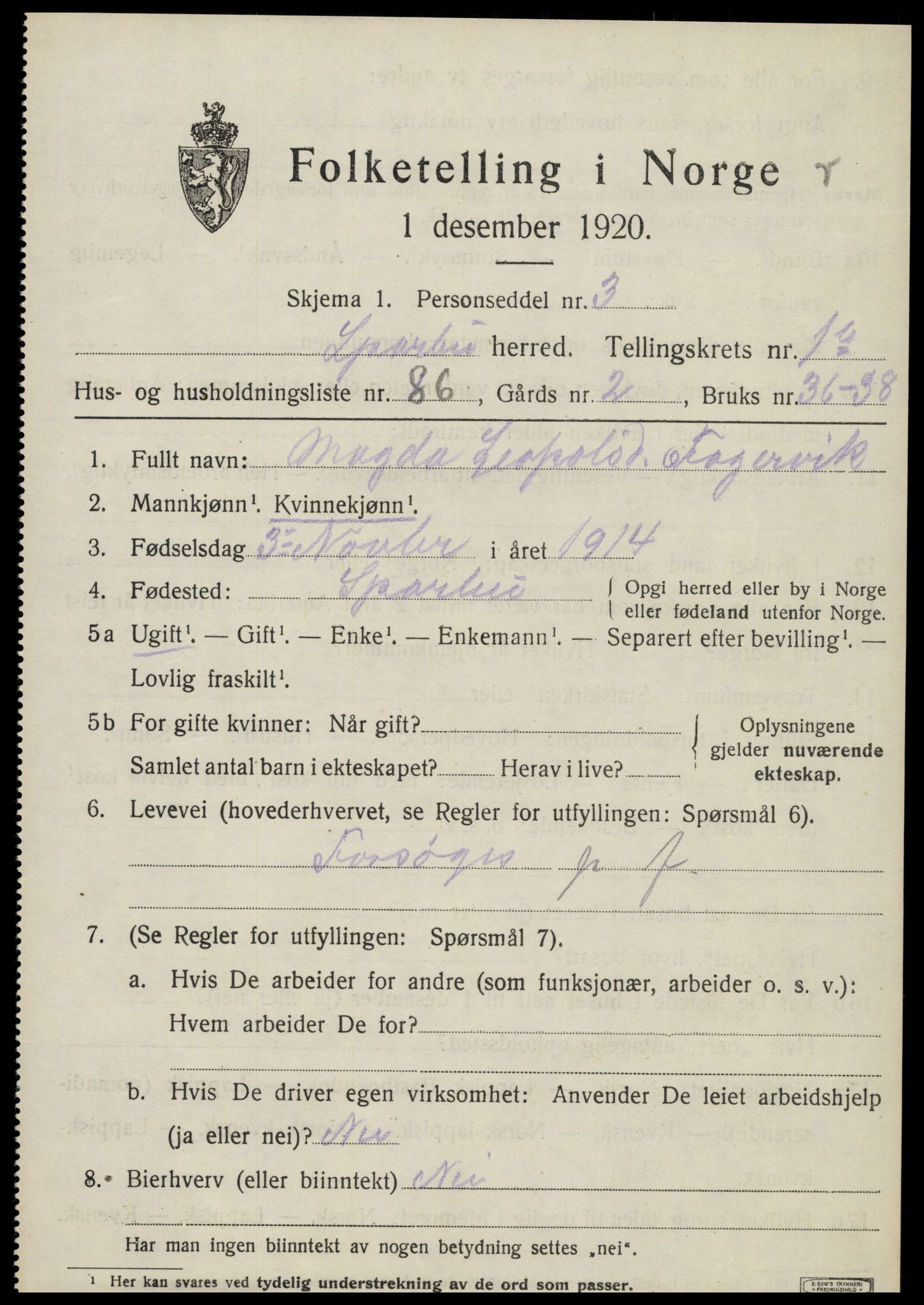 SAT, 1920 census for Sparbu, 1920, p. 3201