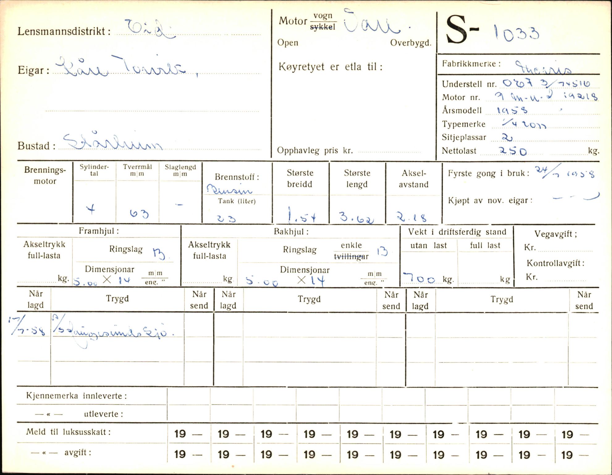 Statens vegvesen, Sogn og Fjordane vegkontor, AV/SAB-A-5301/4/F/L0003: Registerkort utmeldte Fjordane S1000-2499, 1930-1961, p. 60