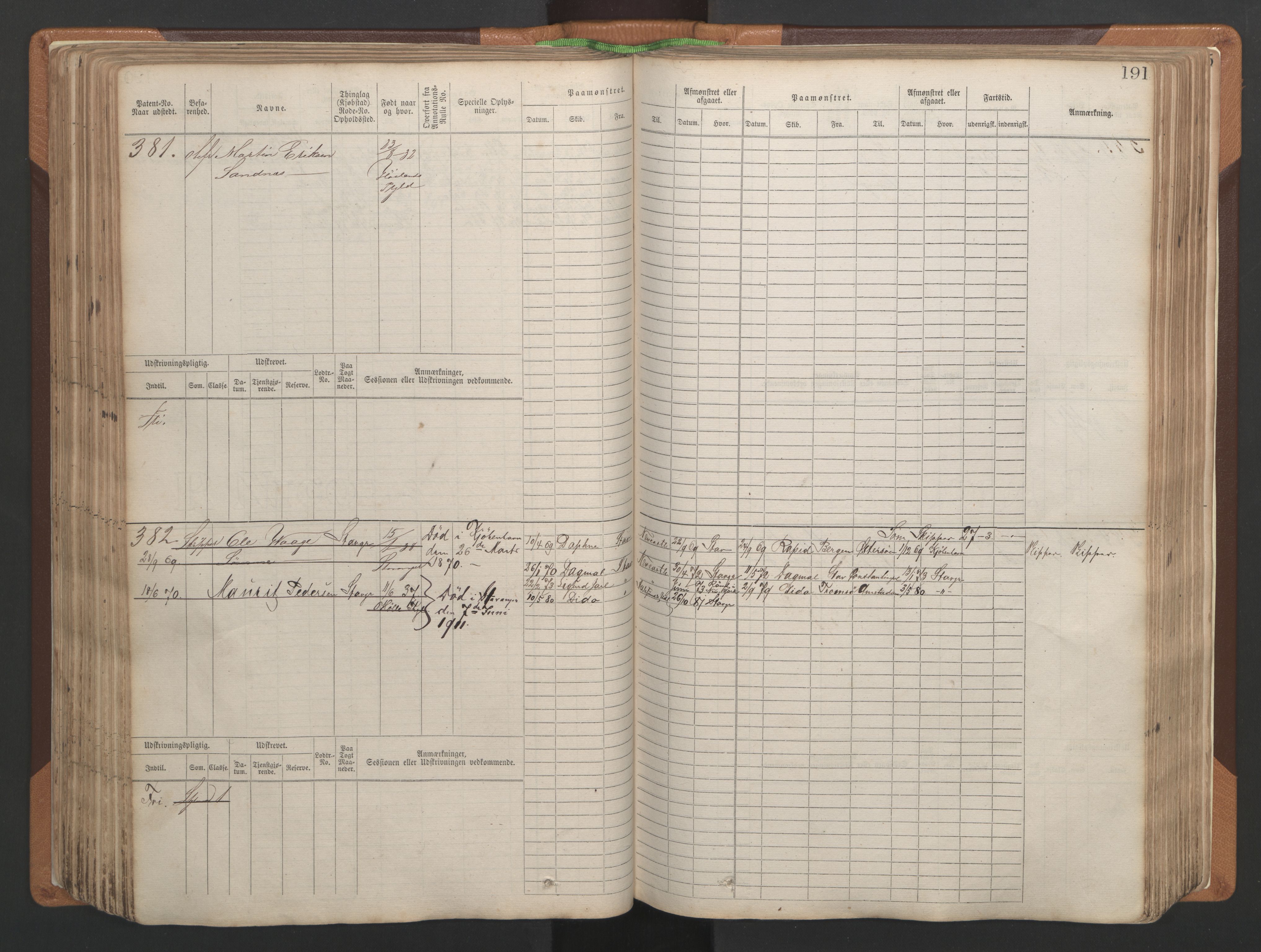 Stavanger sjømannskontor, AV/SAST-A-102006/F/Fb/Fbb/L0004: Sjøfartshovedrulle, patentnr. 1-792 (del 1), 1869-1880, p. 195