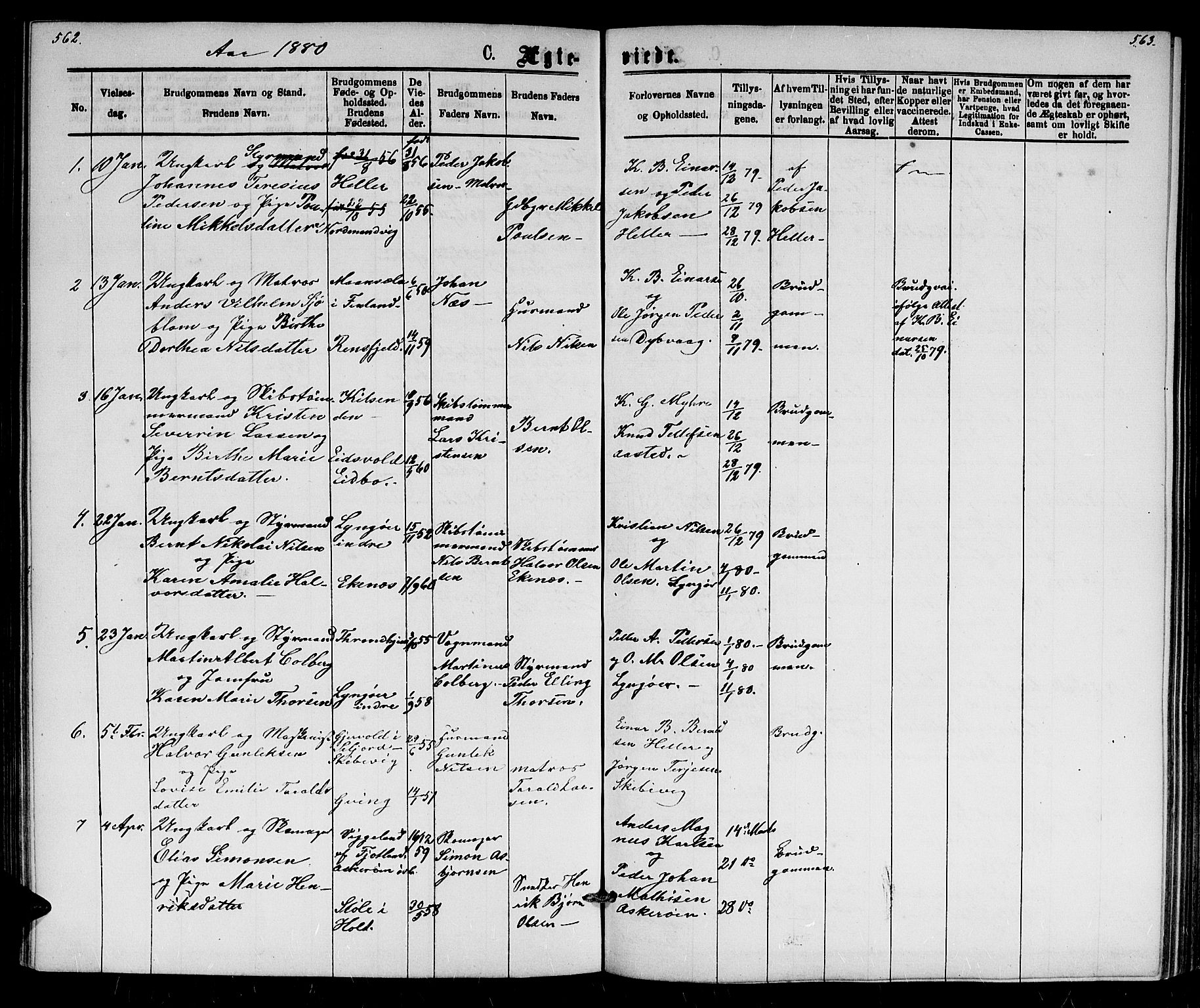 Dypvåg sokneprestkontor, AV/SAK-1111-0007/F/Fb/Fba/L0012: Parish register (copy) no. B 12, 1872-1886, p. 562-563