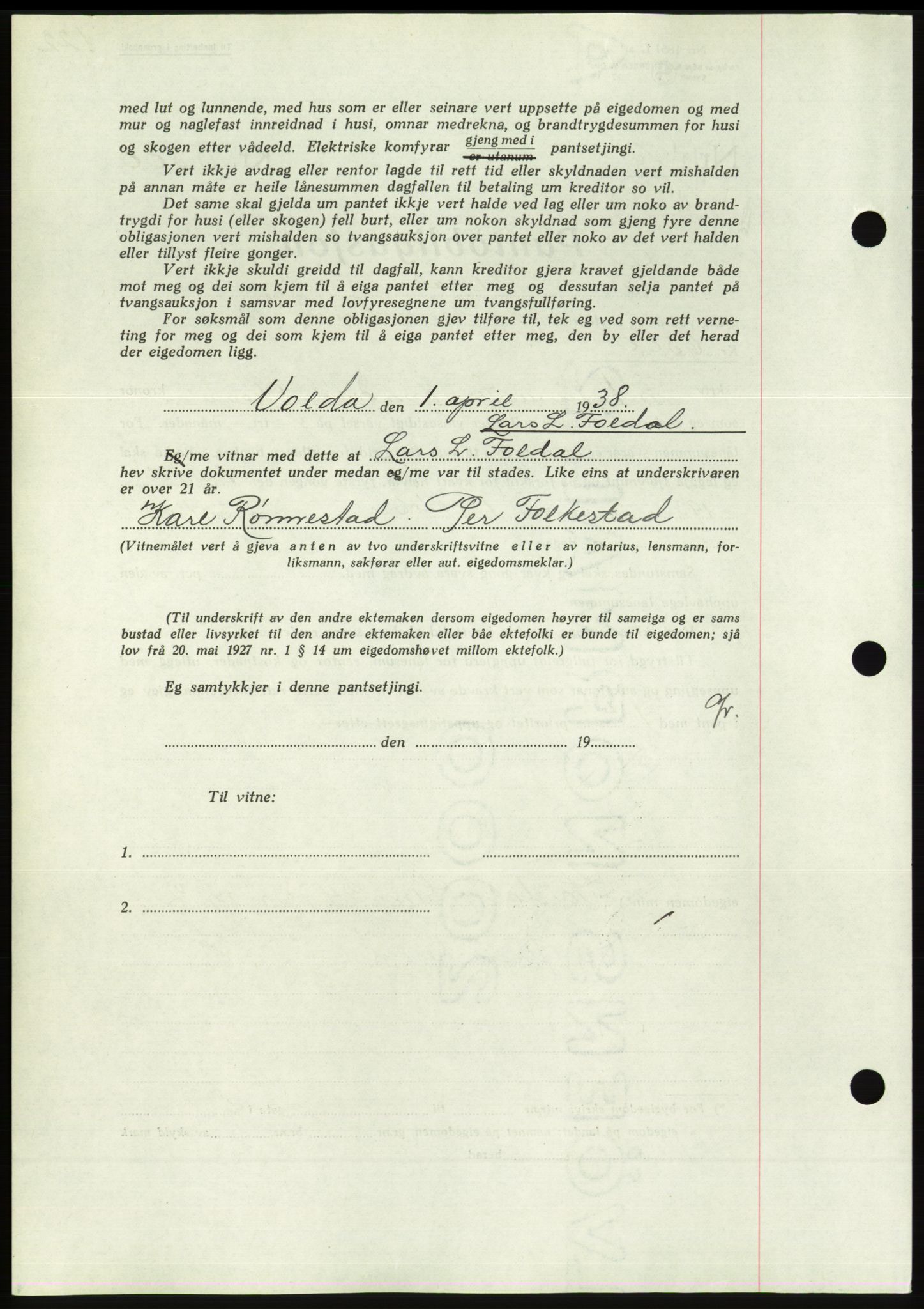 Søre Sunnmøre sorenskriveri, AV/SAT-A-4122/1/2/2C/L0065: Mortgage book no. 59, 1938-1938, Diary no: : 426/1938