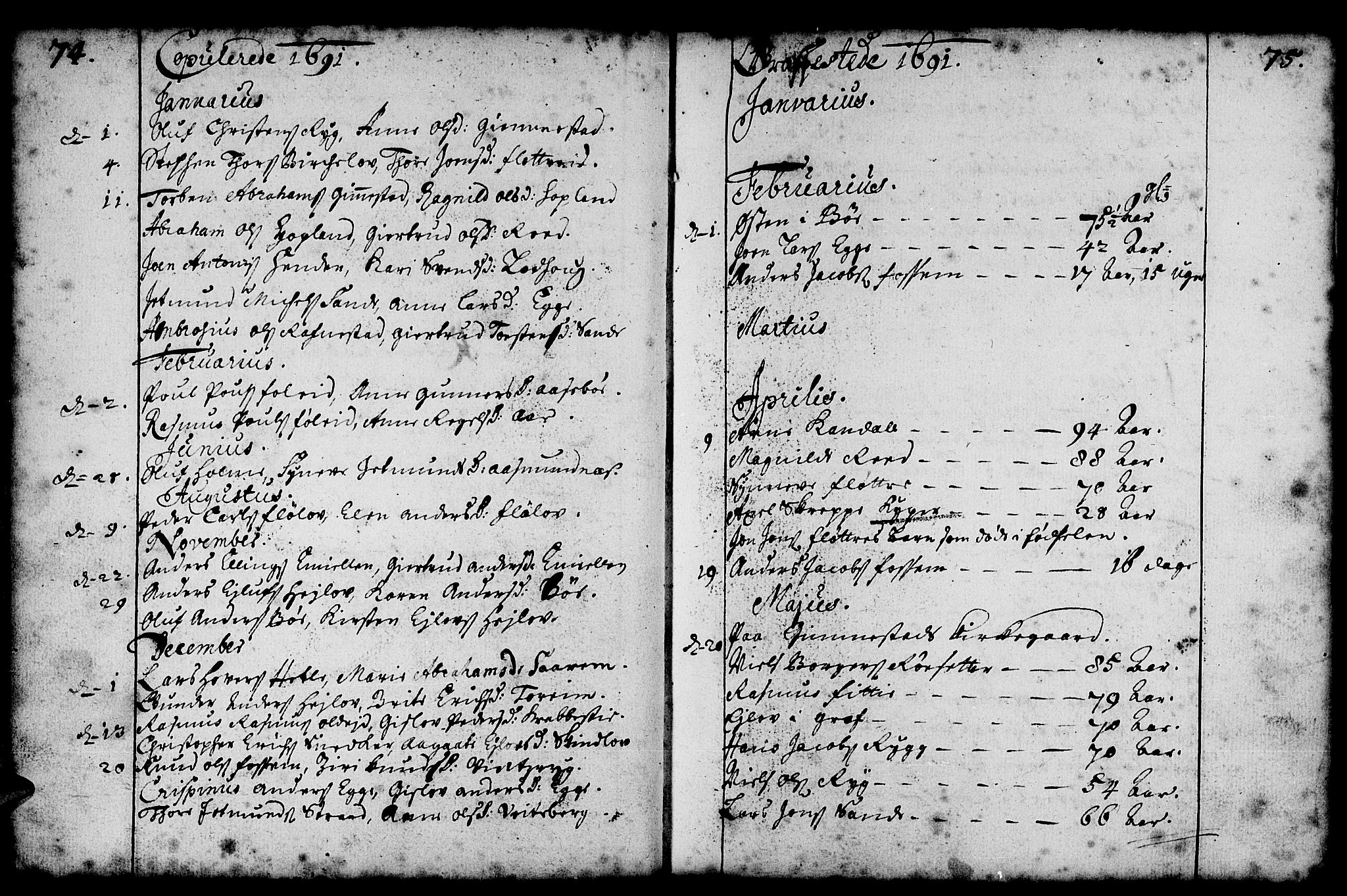 Gloppen sokneprestembete, SAB/A-80101/H/Haa/Haaa/L0001: Parish register (official) no. A 1, 1686-1711, p. 74-75