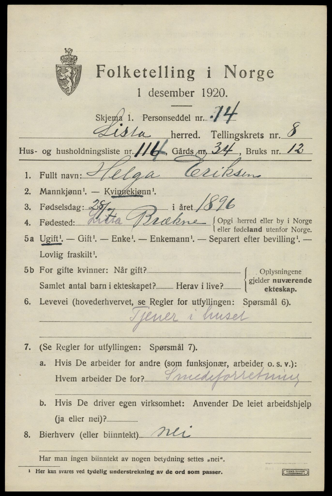 SAK, 1920 census for Lista, 1920, p. 8987