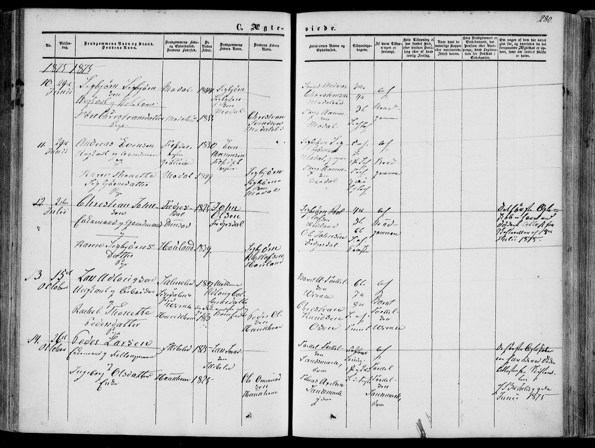 Bakke sokneprestkontor, AV/SAK-1111-0002/F/Fa/Faa/L0006: Parish register (official) no. A 6, 1855-1877, p. 280