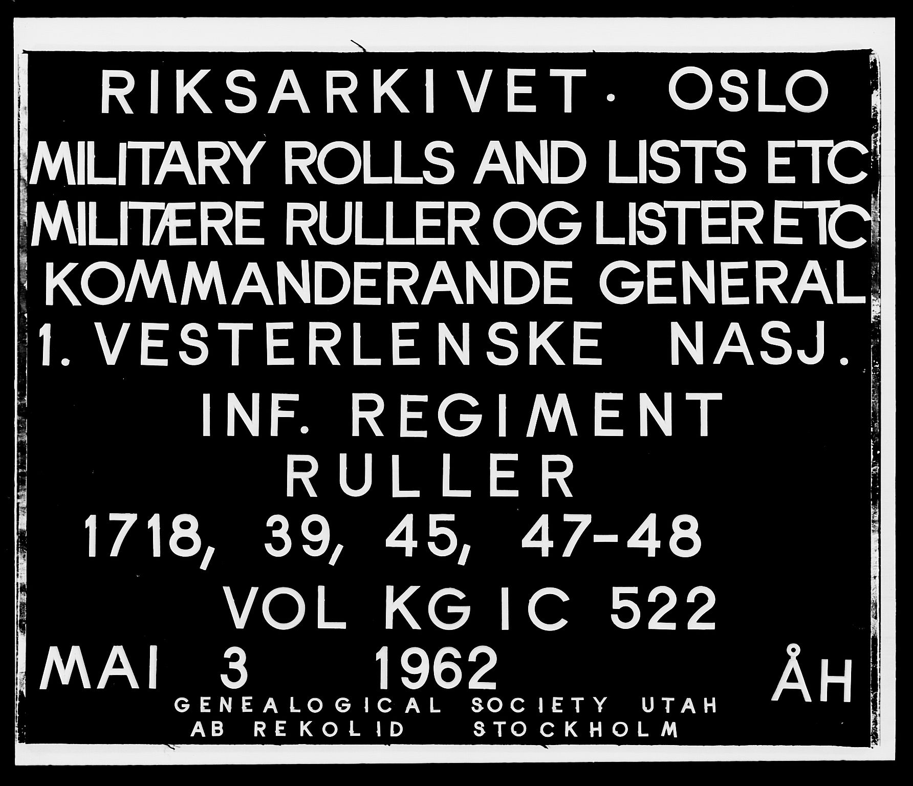 Kommanderende general (KG I) med Det norske krigsdirektorium, RA/EA-5419/E/Ea/L0522: 1. Vesterlenske regiment, 1718-1748, p. 1