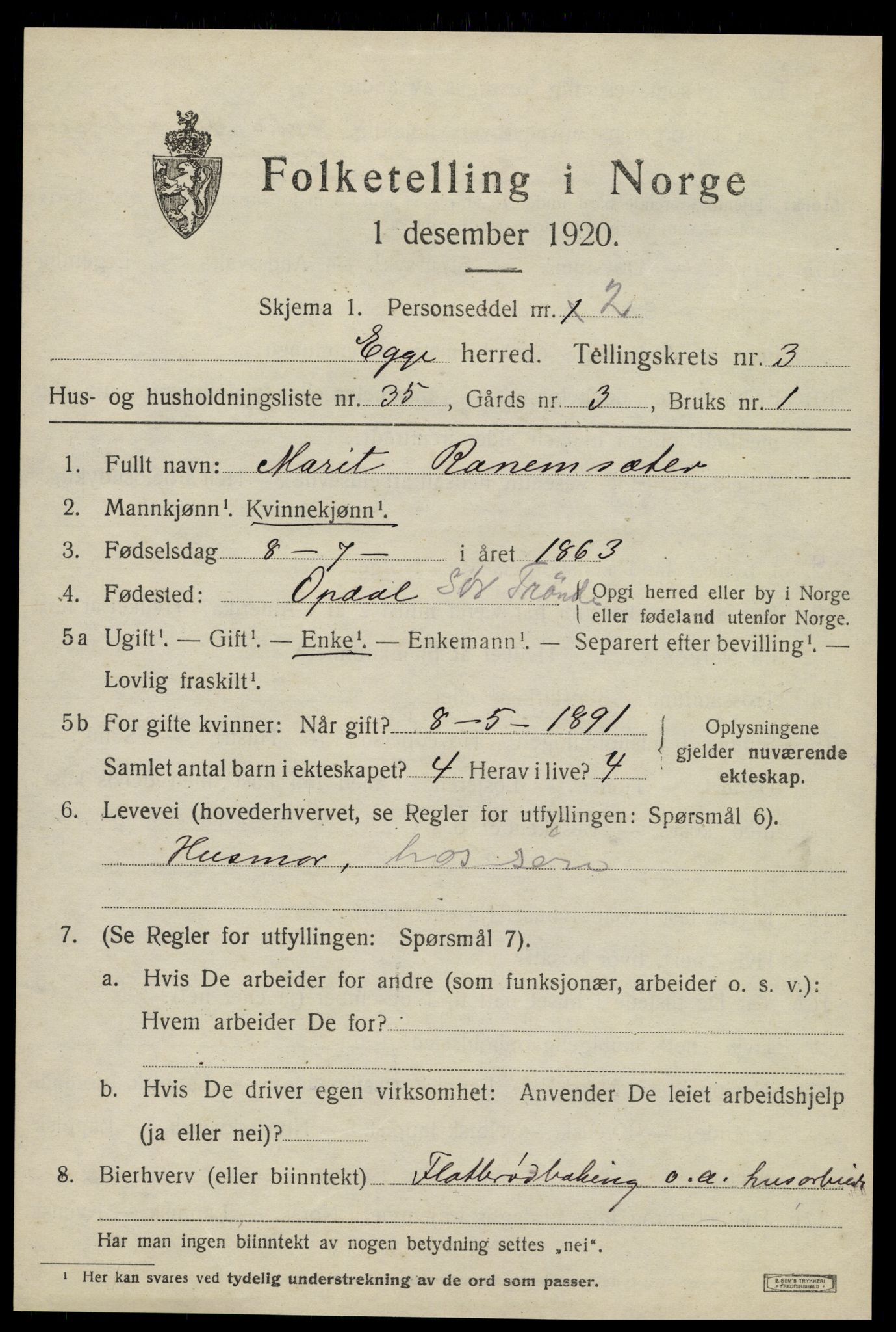 SAT, 1920 census for Egge, 1920, p. 2380