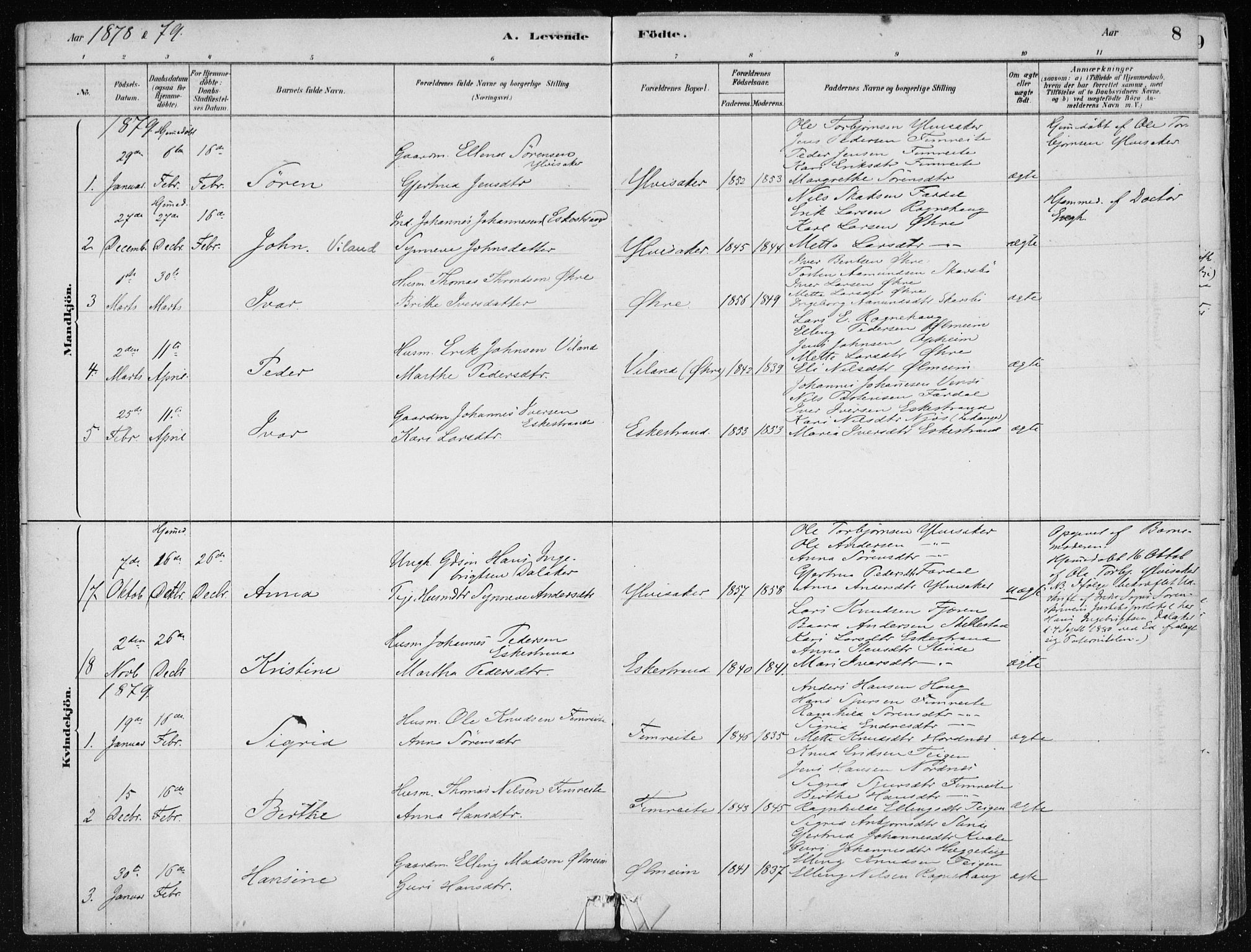 Sogndal sokneprestembete, AV/SAB-A-81301/H/Haa/Haac/L0001: Parish register (official) no. C 1, 1878-1907, p. 8