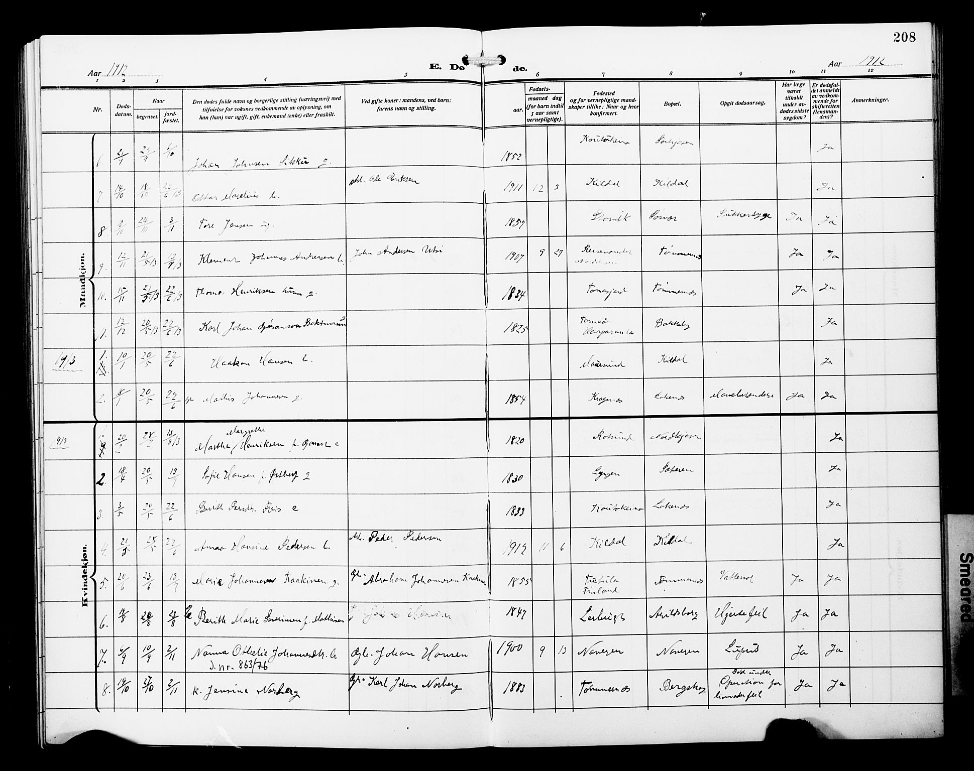 Skjervøy sokneprestkontor, AV/SATØ-S-1300/H/Ha/Hab/L0022klokker: Parish register (copy) no. 22, 1910-1926, p. 208