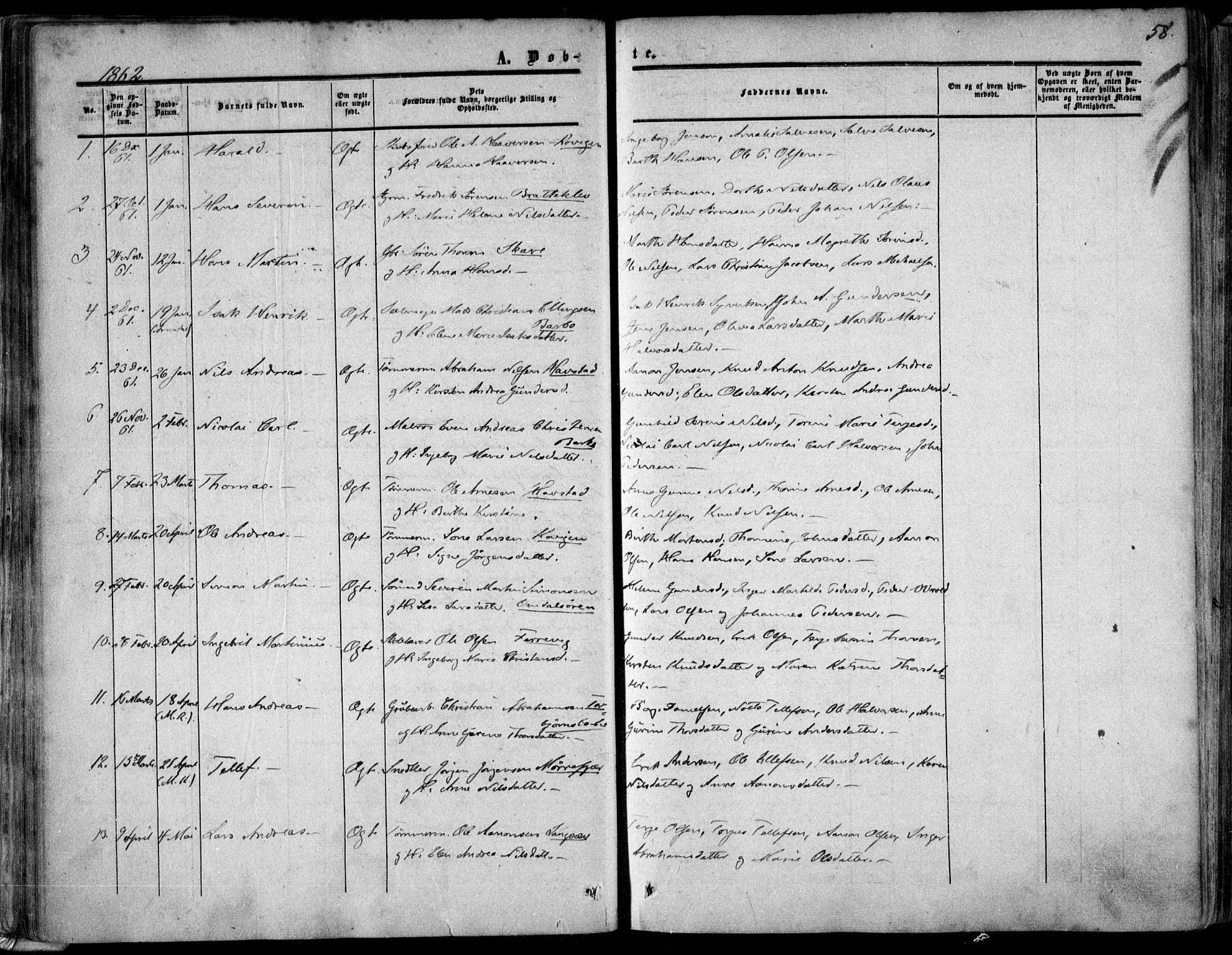 Tromøy sokneprestkontor, SAK/1111-0041/F/Fa/L0006: Parish register (official) no. A 6, 1855-1863, p. 58