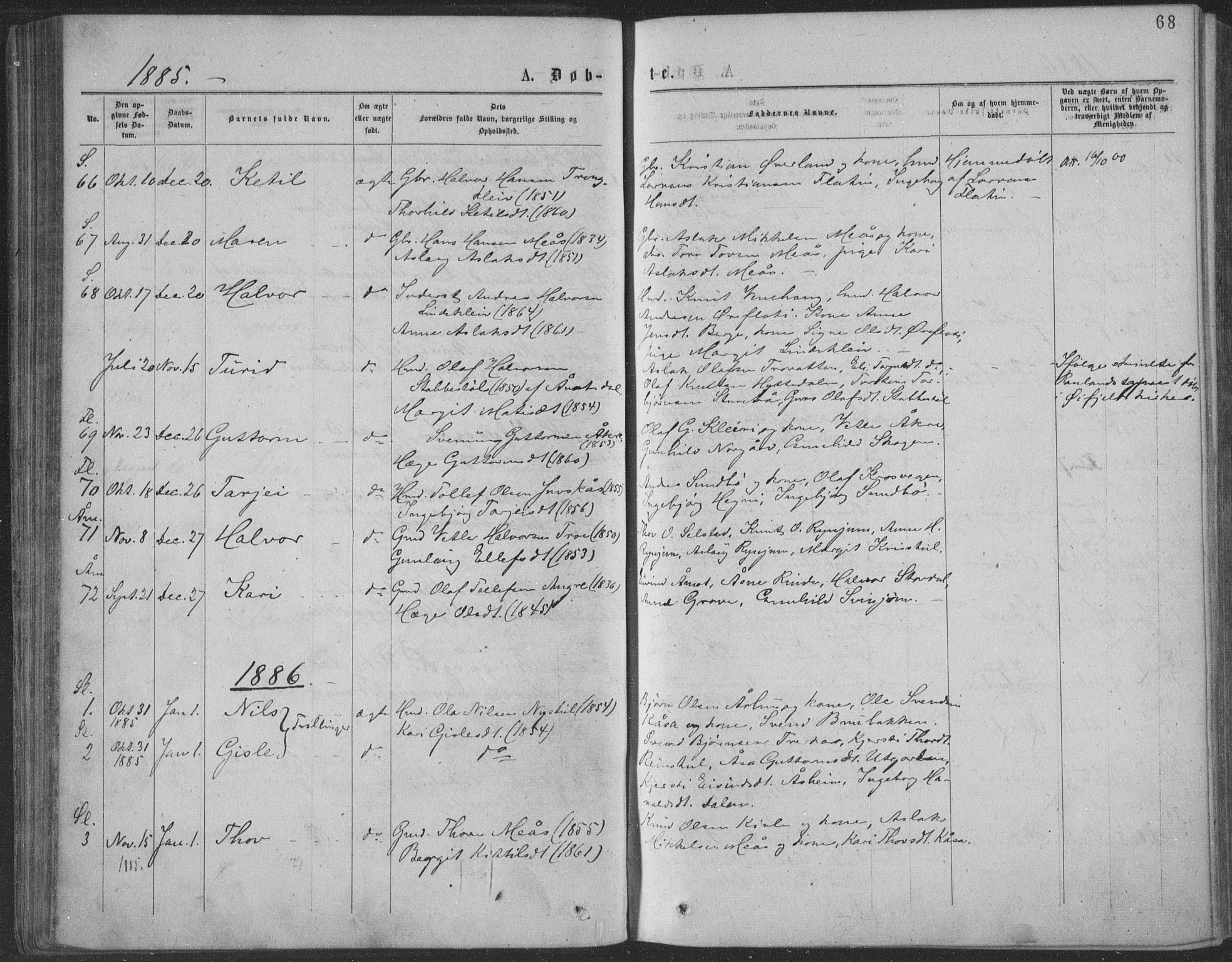 Seljord kirkebøker, SAKO/A-20/F/Fa/L0014: Parish register (official) no. I 14, 1877-1886, p. 68