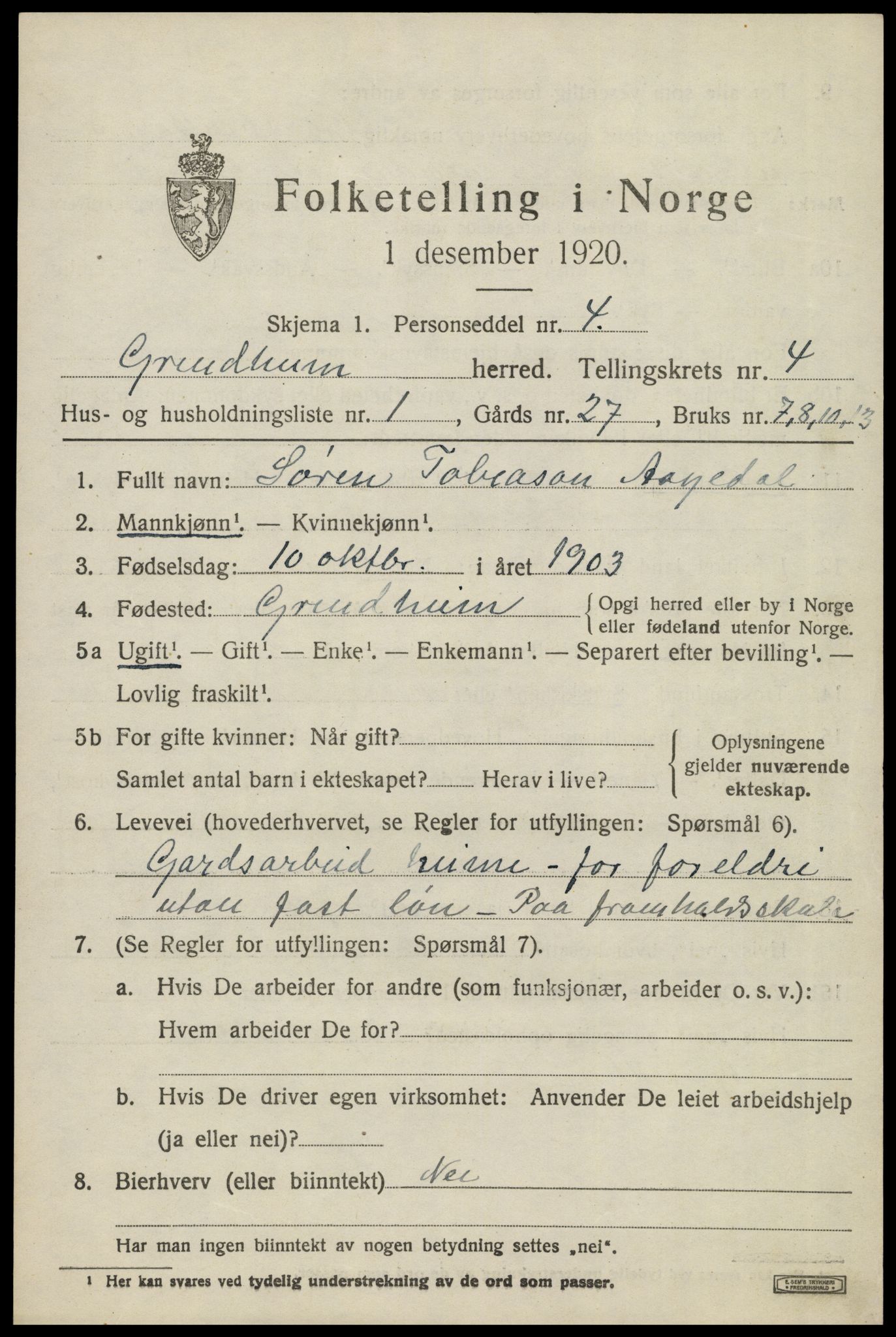 SAK, 1920 census for Grindheim, 1920, p. 1411