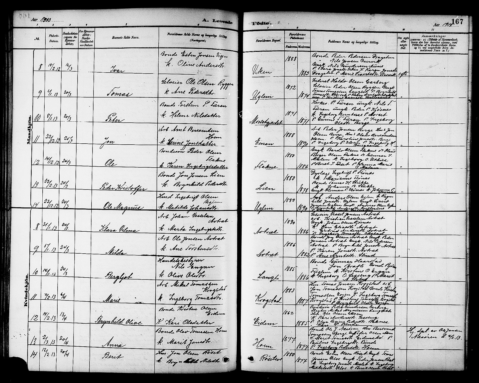 Ministerialprotokoller, klokkerbøker og fødselsregistre - Sør-Trøndelag, SAT/A-1456/695/L1157: Parish register (copy) no. 695C08, 1889-1913, p. 167