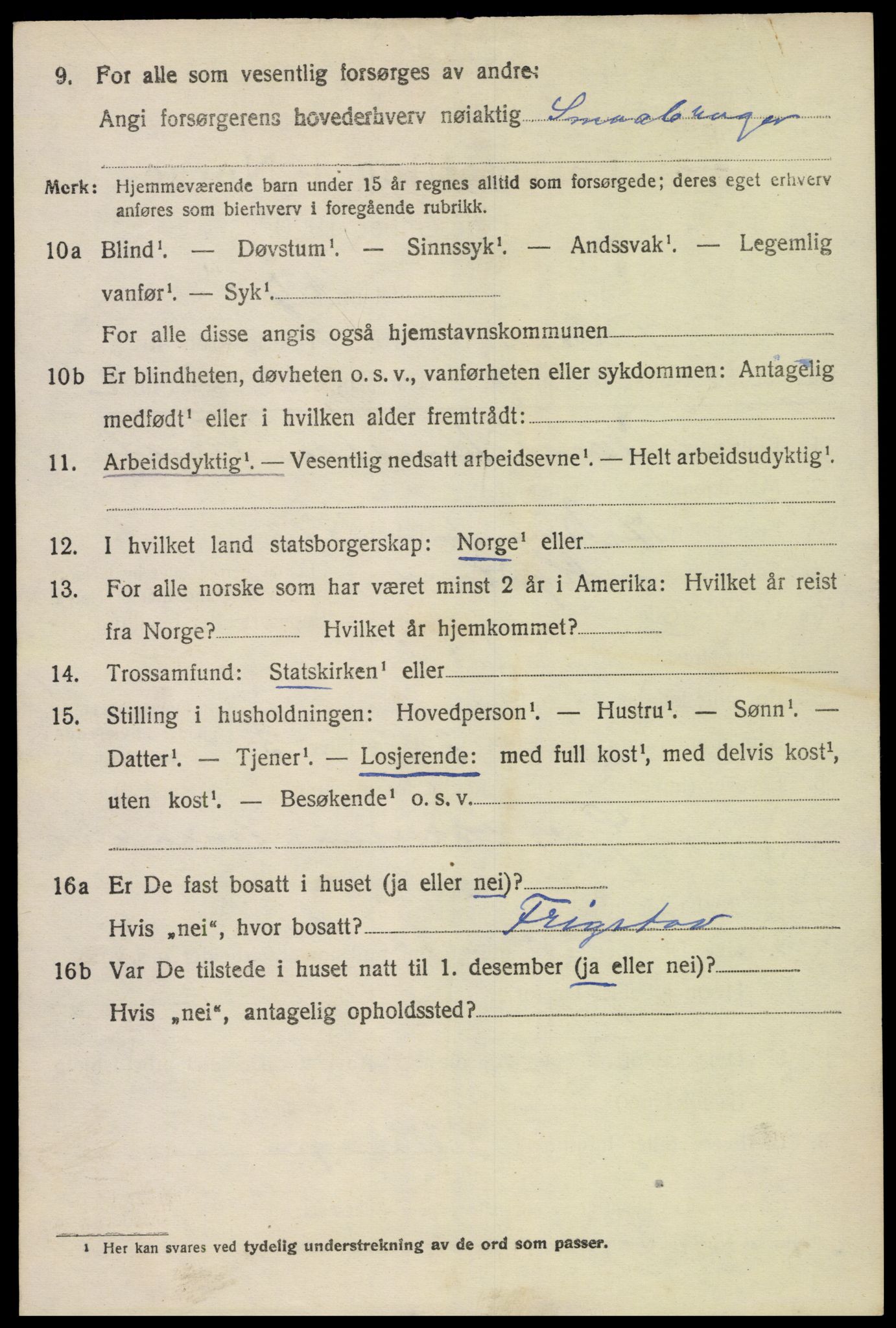 SAK, 1920 census for Tovdal, 1920, p. 278