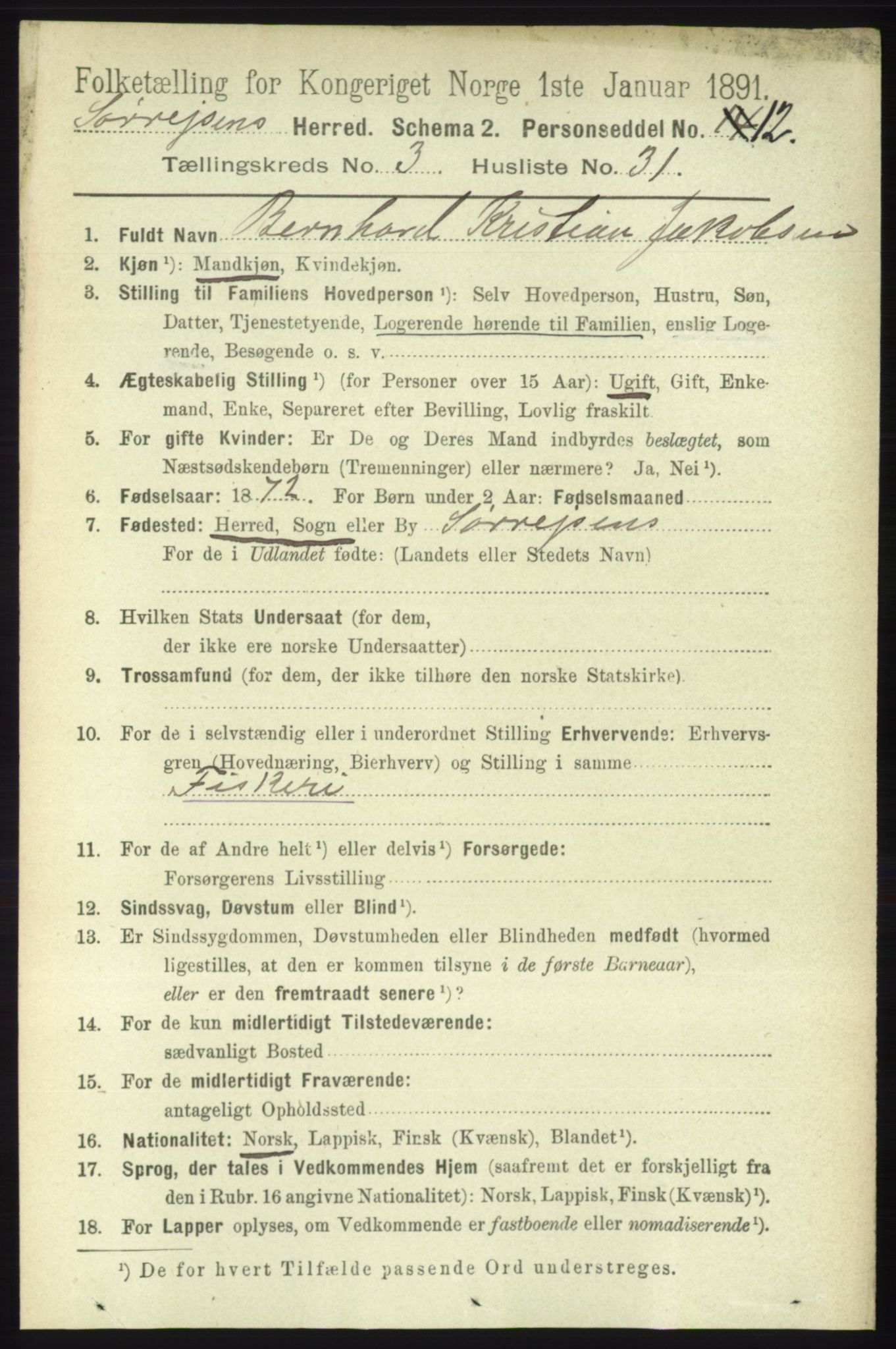 RA, 1891 census for 1925 Sørreisa, 1891, p. 951