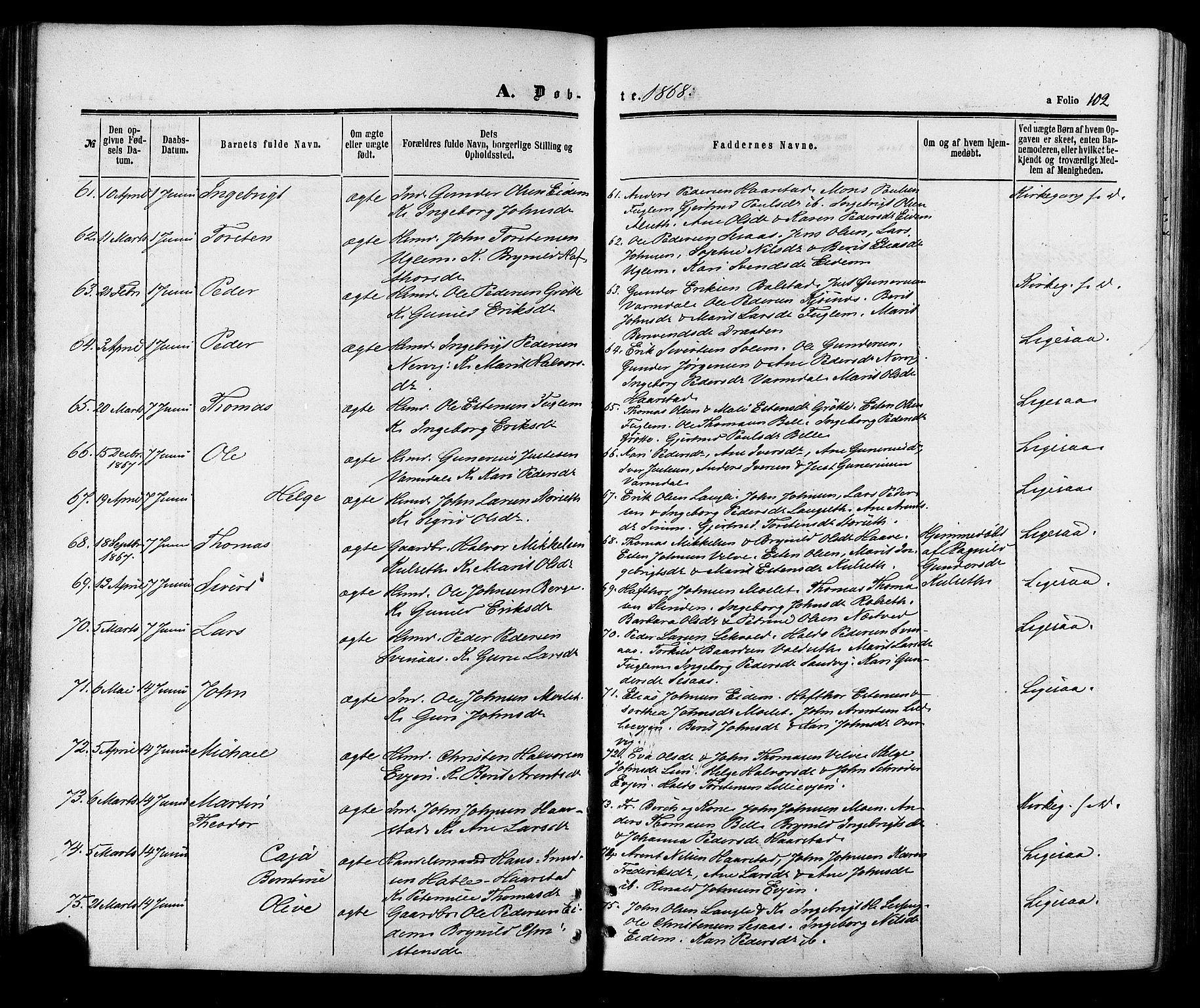 Ministerialprotokoller, klokkerbøker og fødselsregistre - Sør-Trøndelag, AV/SAT-A-1456/695/L1147: Parish register (official) no. 695A07, 1860-1877, p. 102