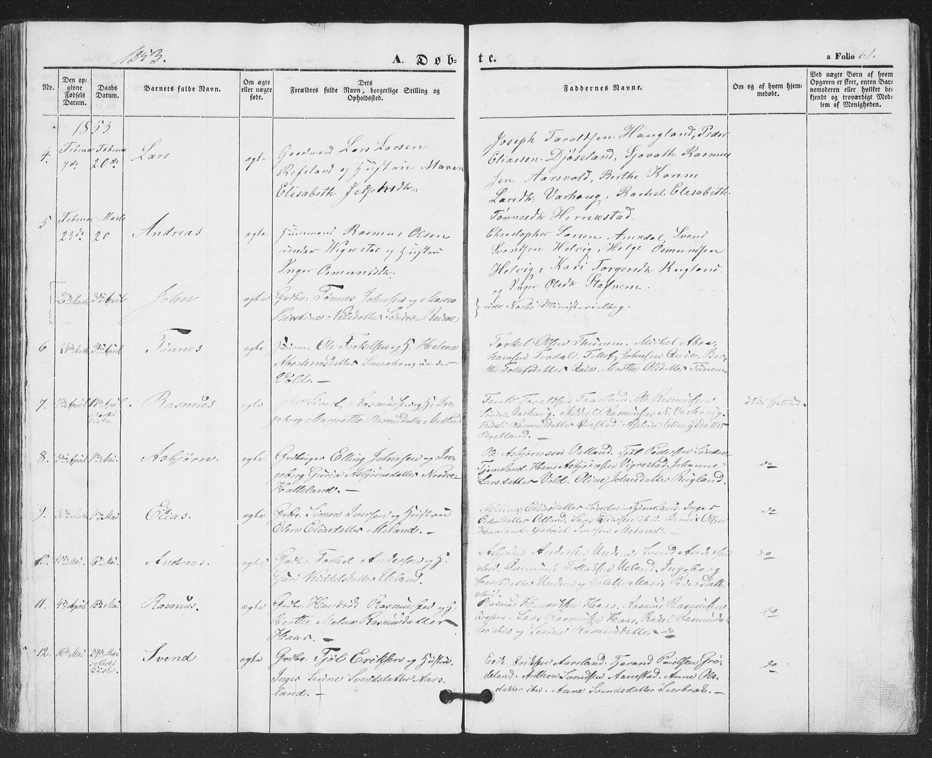 Hå sokneprestkontor, SAST/A-101801/001/30BA/L0007: Parish register (official) no. A 6, 1842-1855, p. 61
