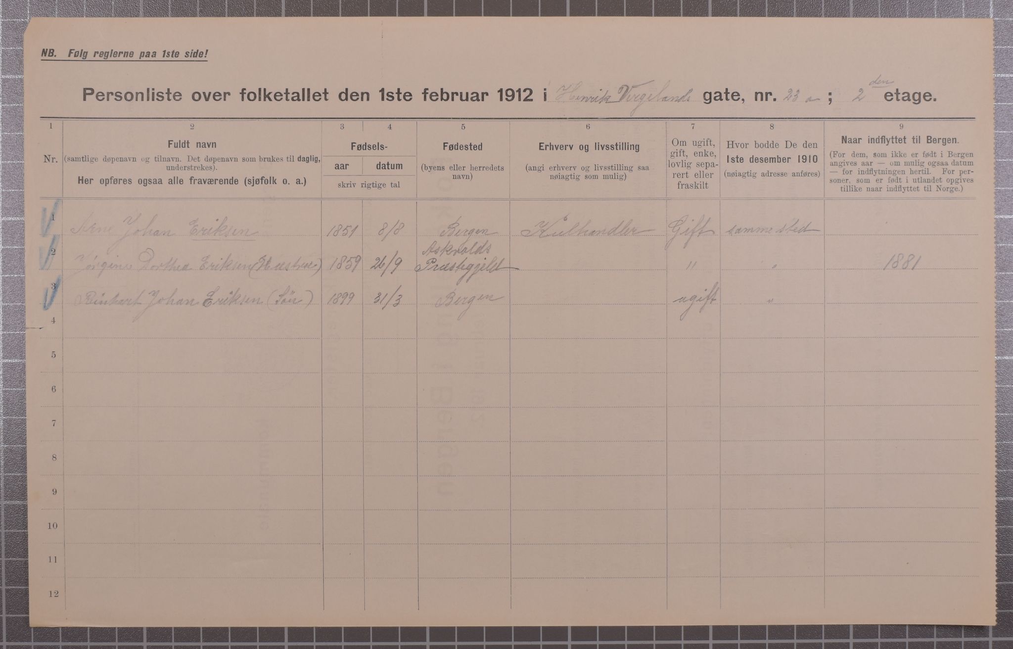 SAB, Municipal Census 1912 for Bergen, 1912, p. 2877