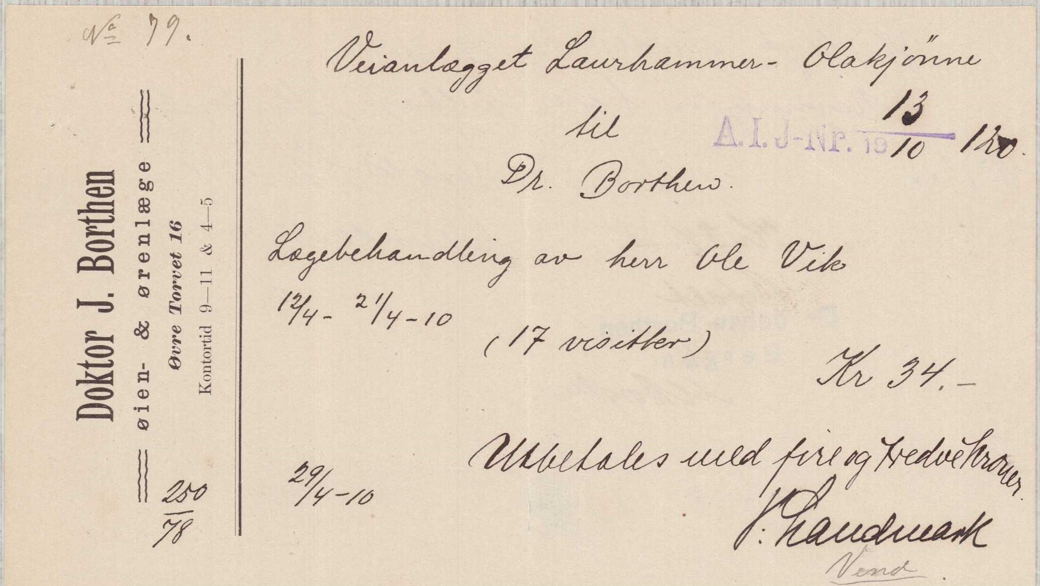 Finnaas kommune. Formannskapet, IKAH/1218a-021/E/Ea/L0001/0003: Rekneskap for veganlegg / Rekneskap for veganlegget Laurhammer - Olakjødn, 1909-1911, p. 37