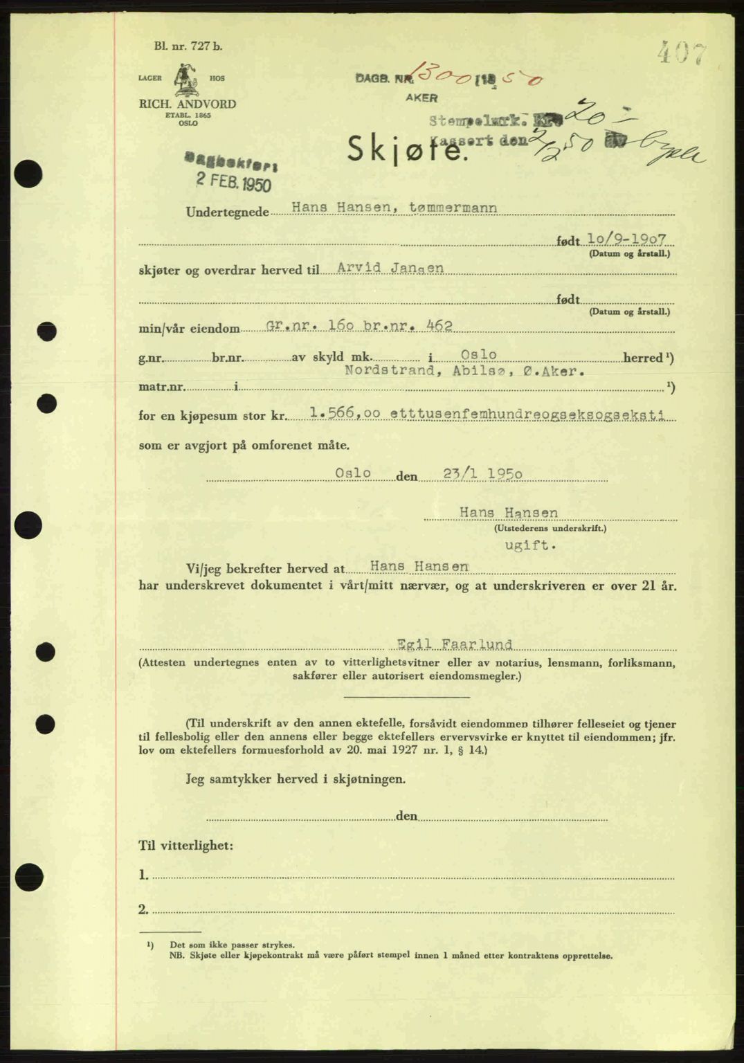 Oslo byskriverembete, AV/SAO-A-10227/G/Gb/Gbd/Gbda/L0017: Mortgage book no. A215, 1949-1950, Diary no: : 1300/1950