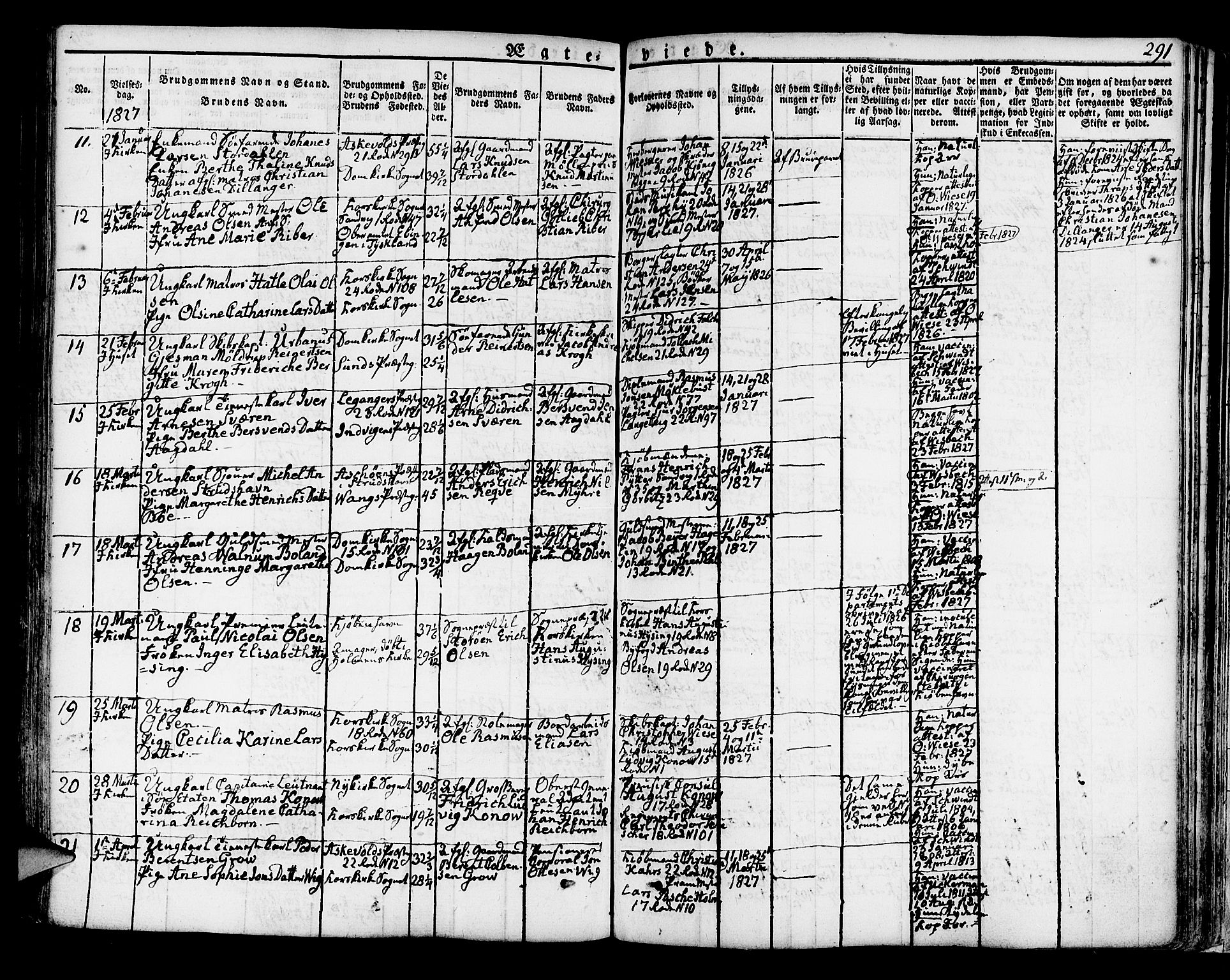 Korskirken sokneprestembete, AV/SAB-A-76101/H/Hab: Parish register (copy) no. A 3, 1821-1831, p. 291