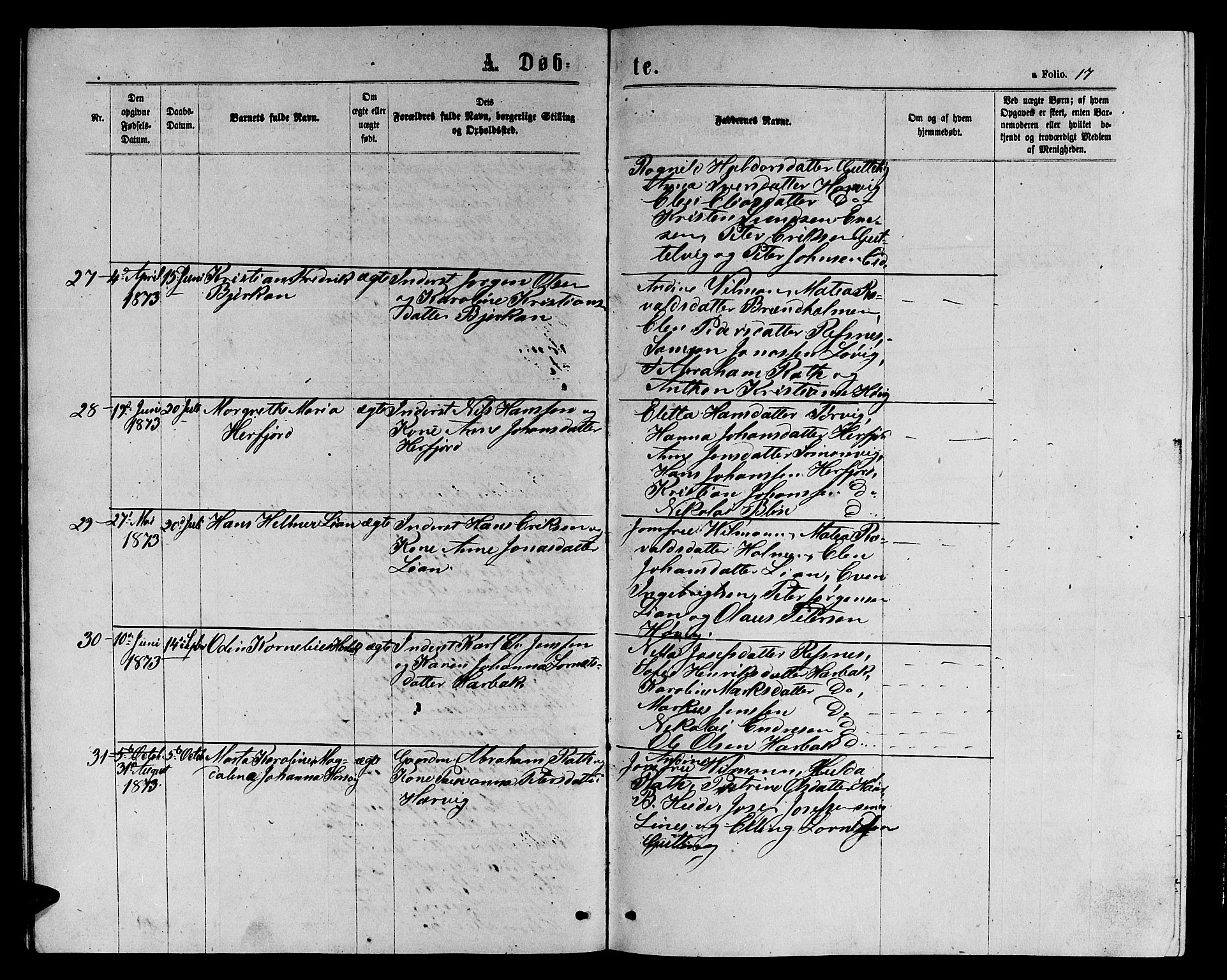 Ministerialprotokoller, klokkerbøker og fødselsregistre - Sør-Trøndelag, SAT/A-1456/656/L0695: Parish register (copy) no. 656C01, 1867-1889, p. 17