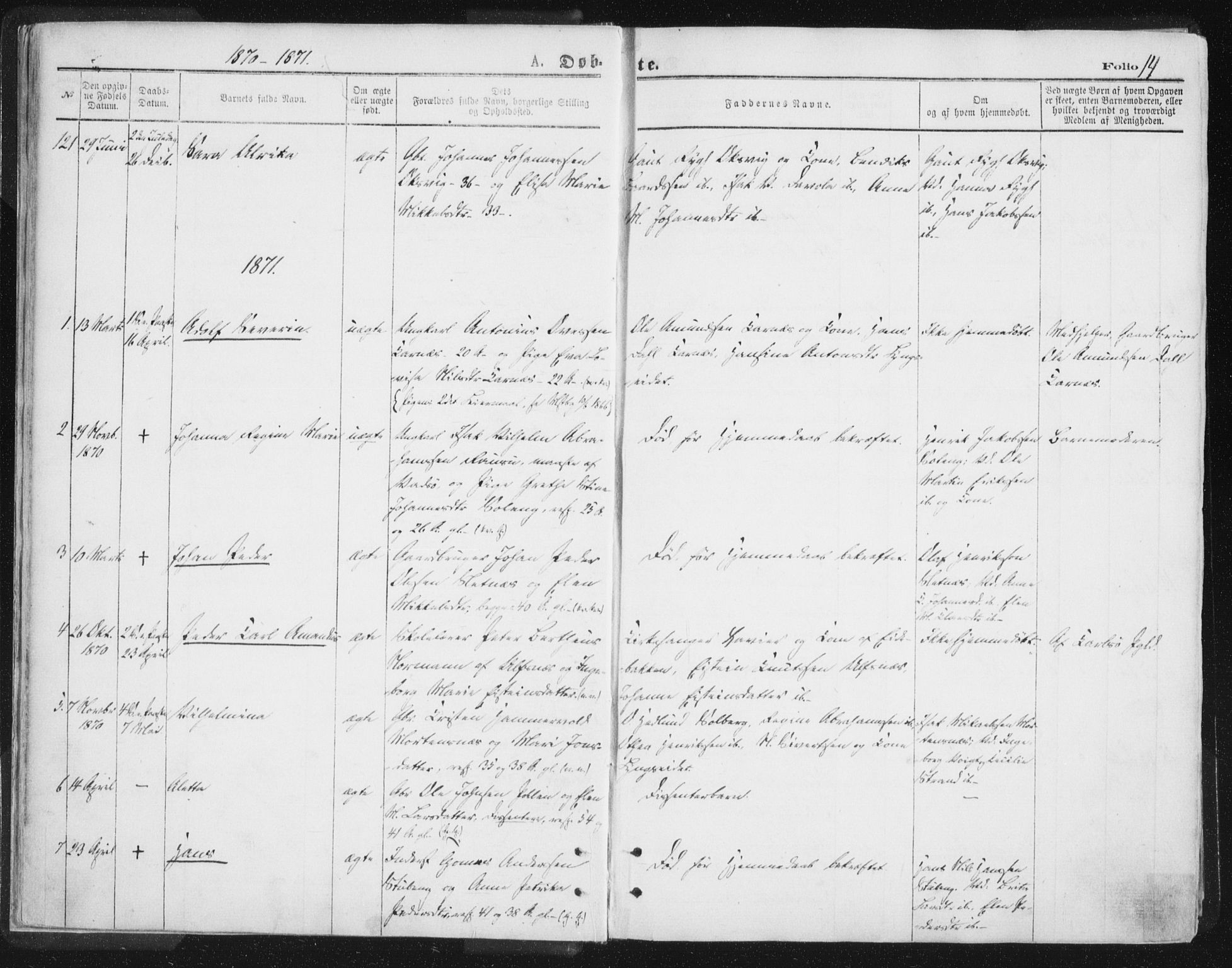 Lyngen sokneprestembete, AV/SATØ-S-1289/H/He/Hea/L0006kirke: Parish register (official) no. 6, 1870-1878, p. 14