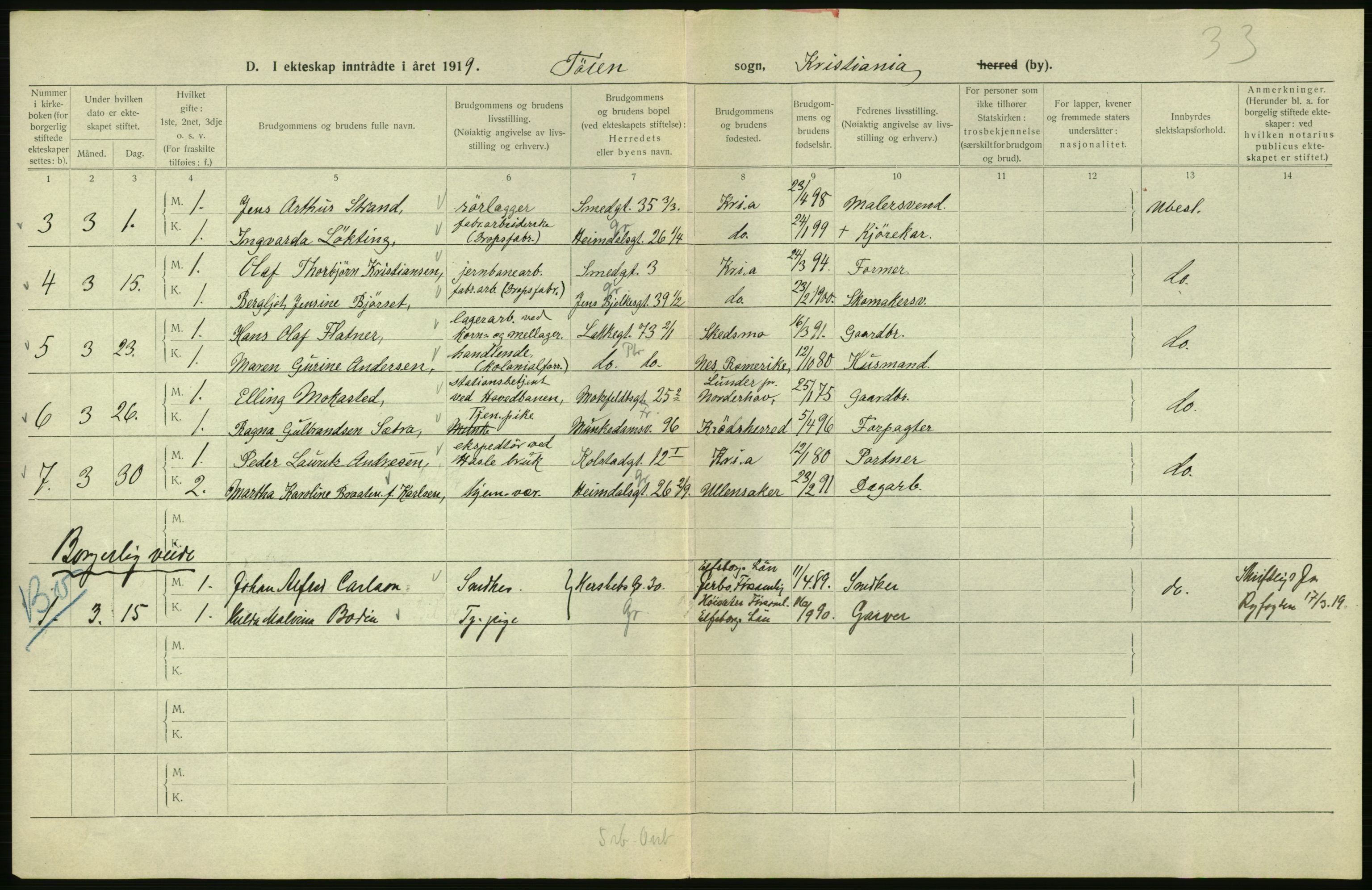 Statistisk sentralbyrå, Sosiodemografiske emner, Befolkning, RA/S-2228/D/Df/Dfb/Dfbi/L0009: Kristiania: Gifte, 1919, p. 730