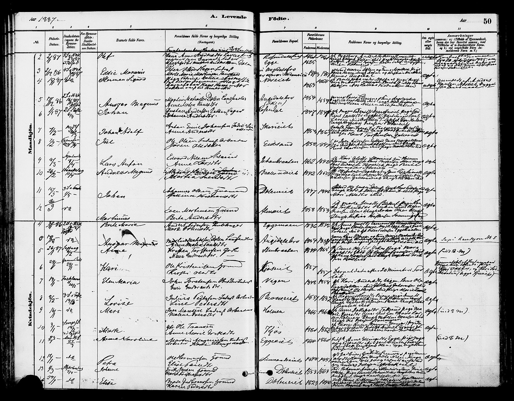 Gran prestekontor, SAH/PREST-112/H/Ha/Haa/L0015: Parish register (official) no. 15, 1880-1888, p. 50