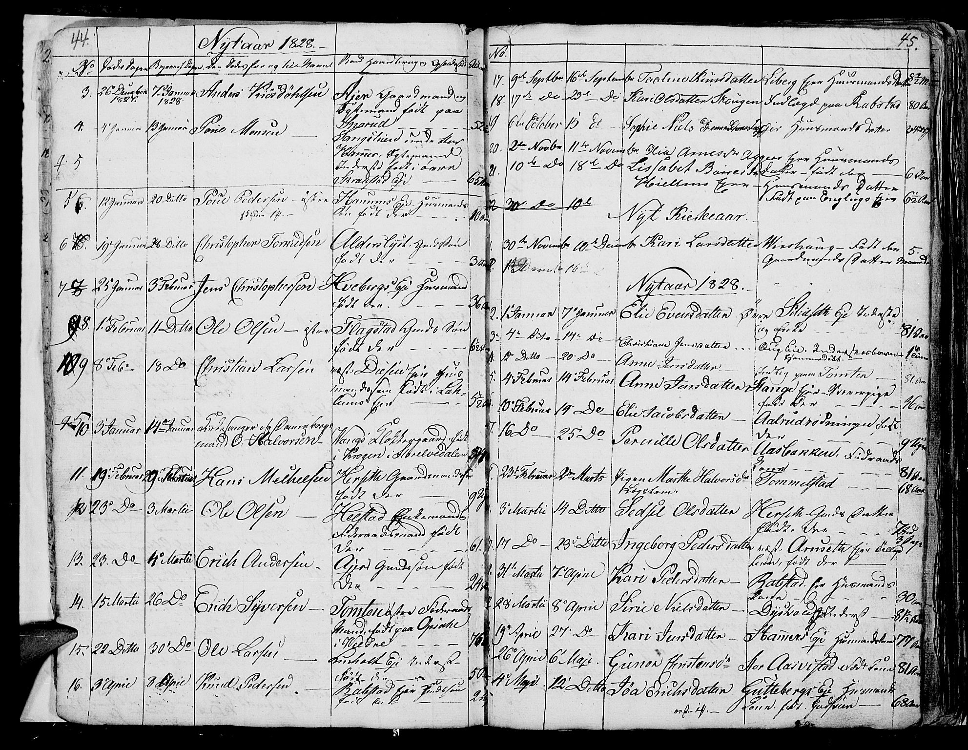 Vang prestekontor, Hedmark, SAH/PREST-008/H/Ha/Hab/L0006: Parish register (copy) no. 6, 1819-1832, p. 44-45