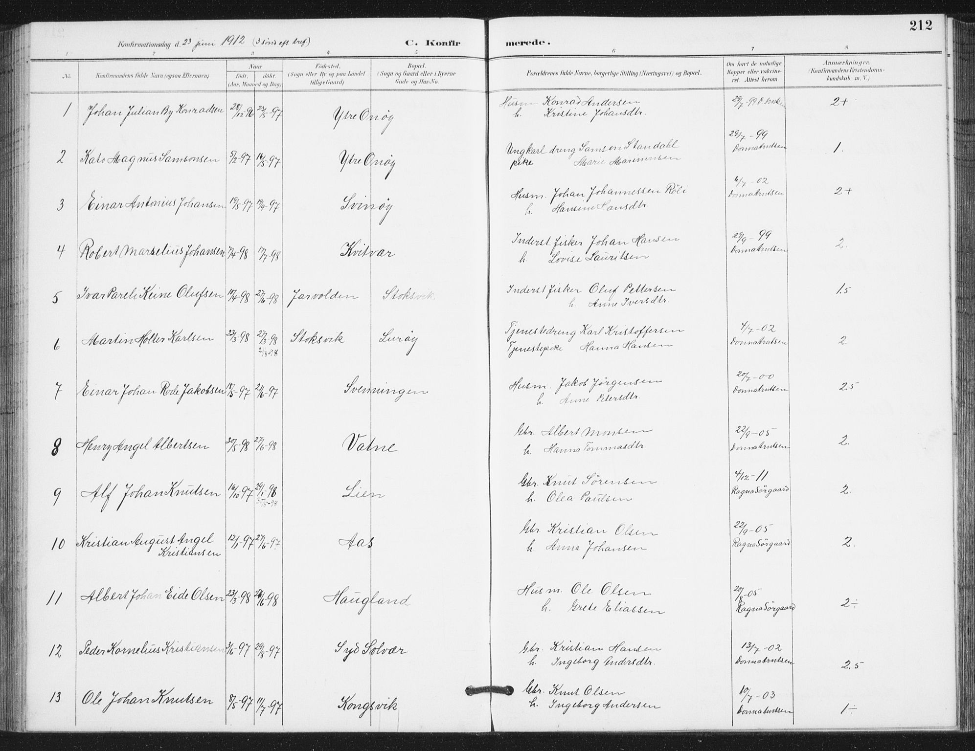 Ministerialprotokoller, klokkerbøker og fødselsregistre - Nordland, SAT/A-1459/839/L0573: Parish register (copy) no. 839C03, 1892-1917, p. 212